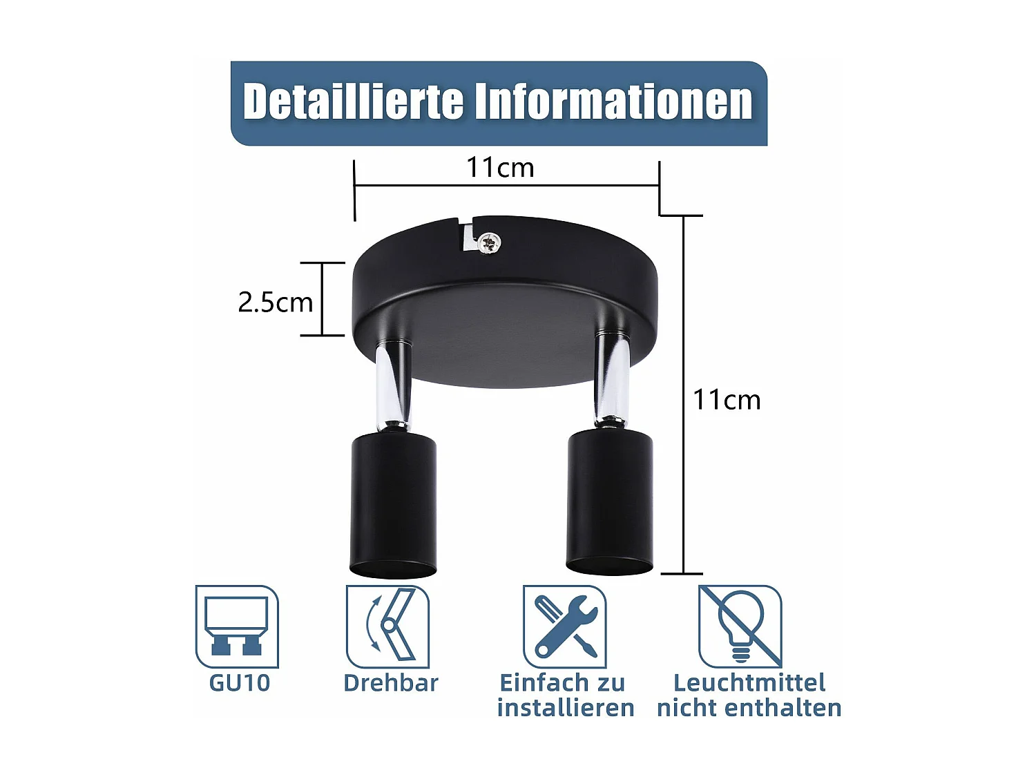 NETTLIFE Spot de plafond LED noir 2 ampoules orientable 350° GU10 industriel