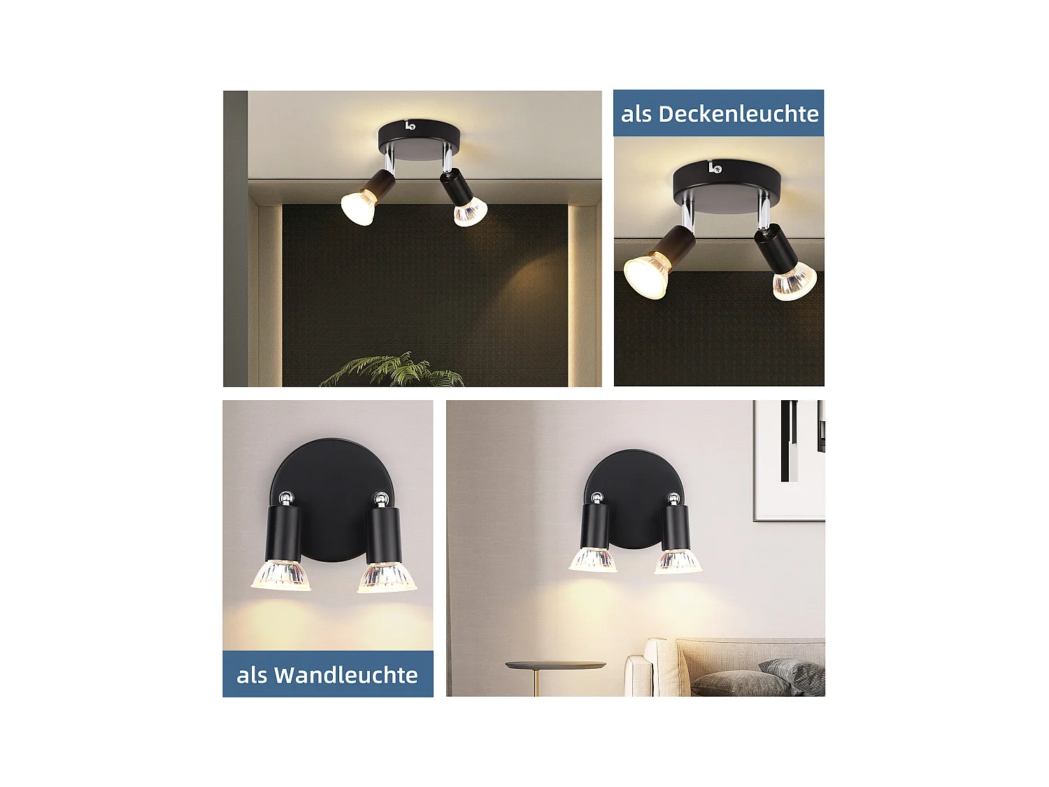 NETTLIFE Czarny reflektor sufitowy LED 2 żarówki regulowany 350° GU10 przemysłowy