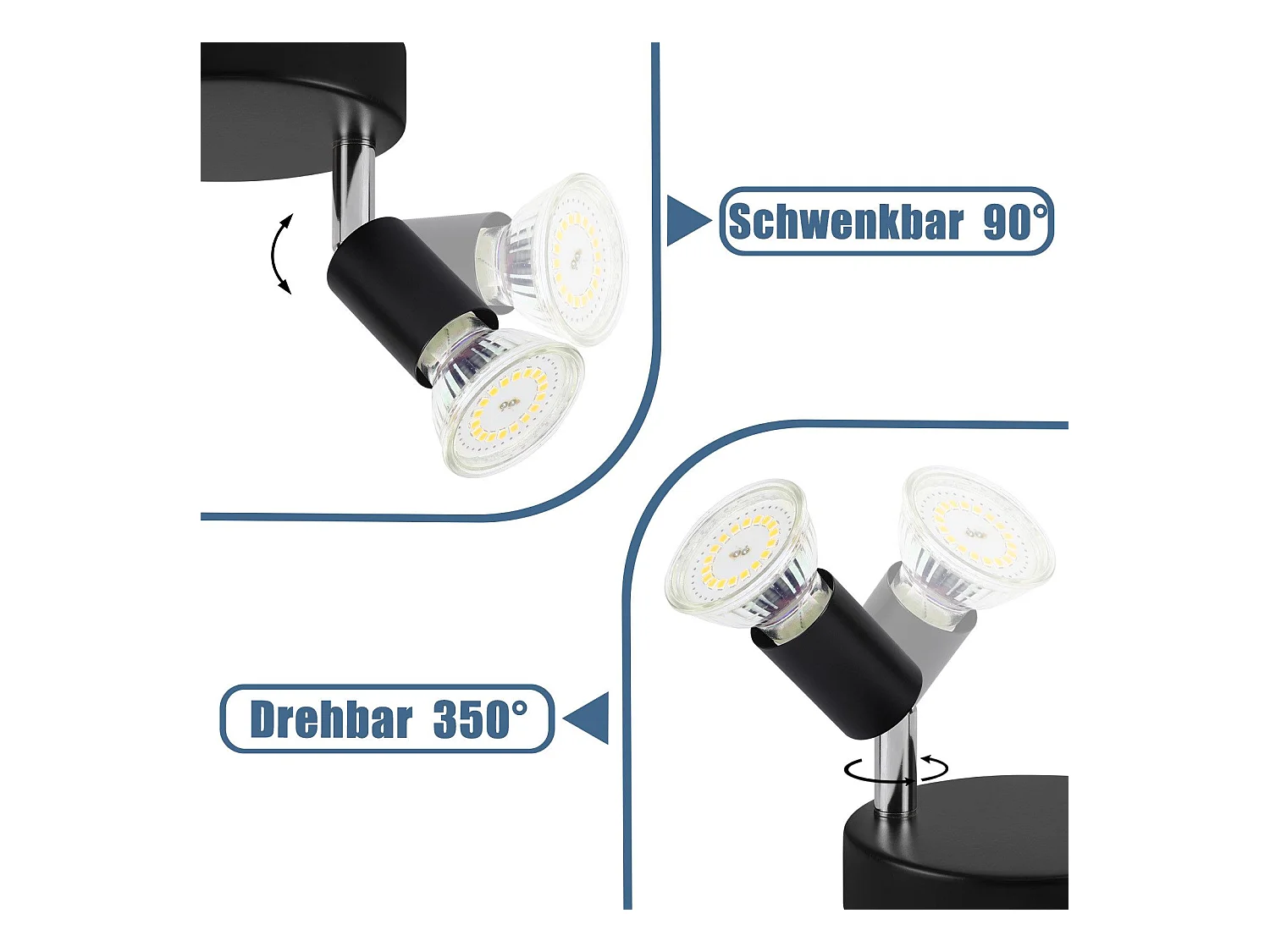 NETTLIFE Czarny reflektor sufitowy LED 2 żarówki regulowany 350° GU10 przemysłowy