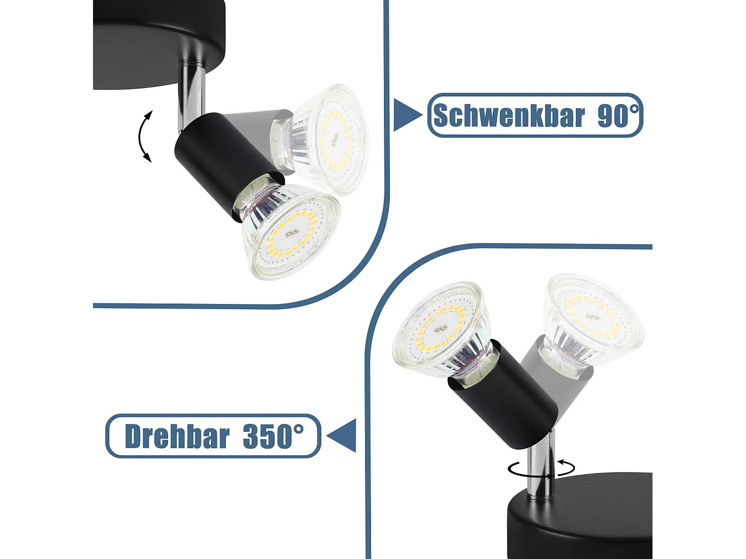 NETTLIFE Foco para techo LED negro, 2 bombillas giratorias 350° GU10-industrial.