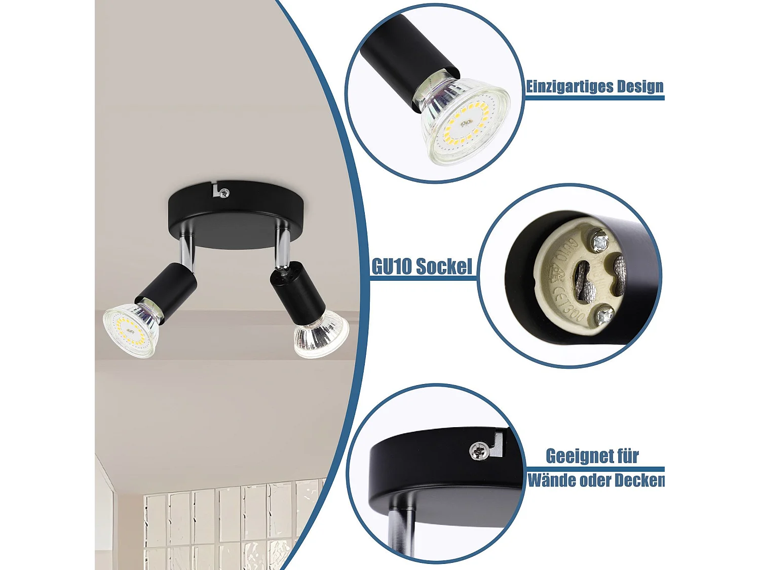 NETTLIFE Foco para techo LED negro, 2 bombillas giratorias 350° GU10-industrial.