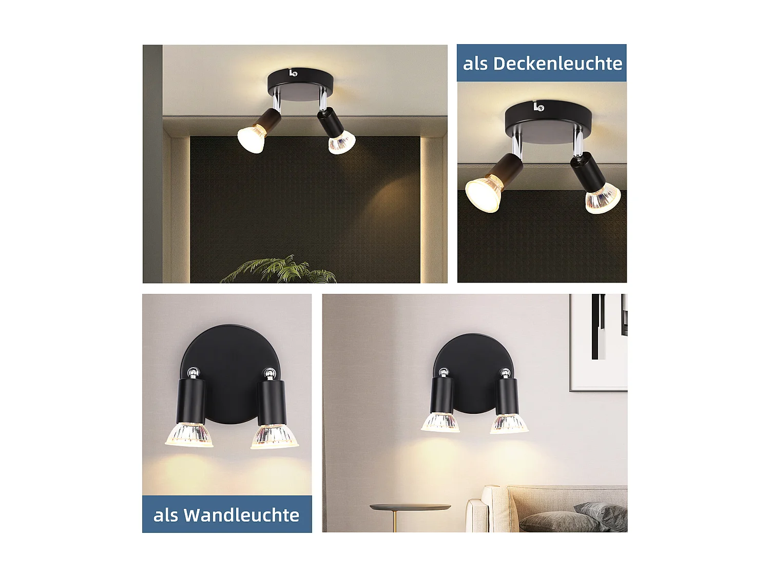 NETTLIFE Spot de plafond LED noir 2 ampoules orientable 350° GU10 industriel