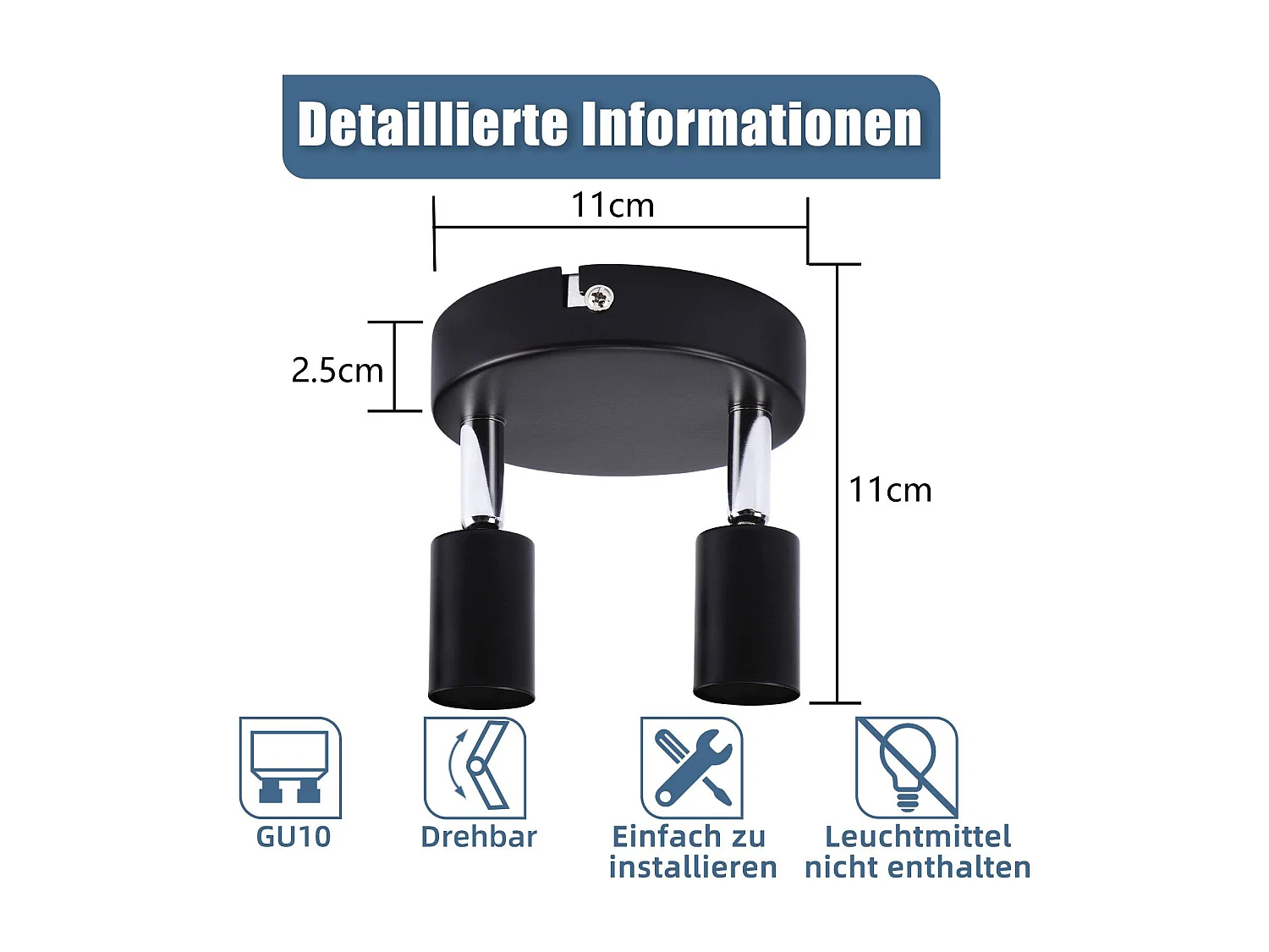 NETTLIFE Spot de plafond LED noir 2 ampoules orientable 350° GU10 industriel