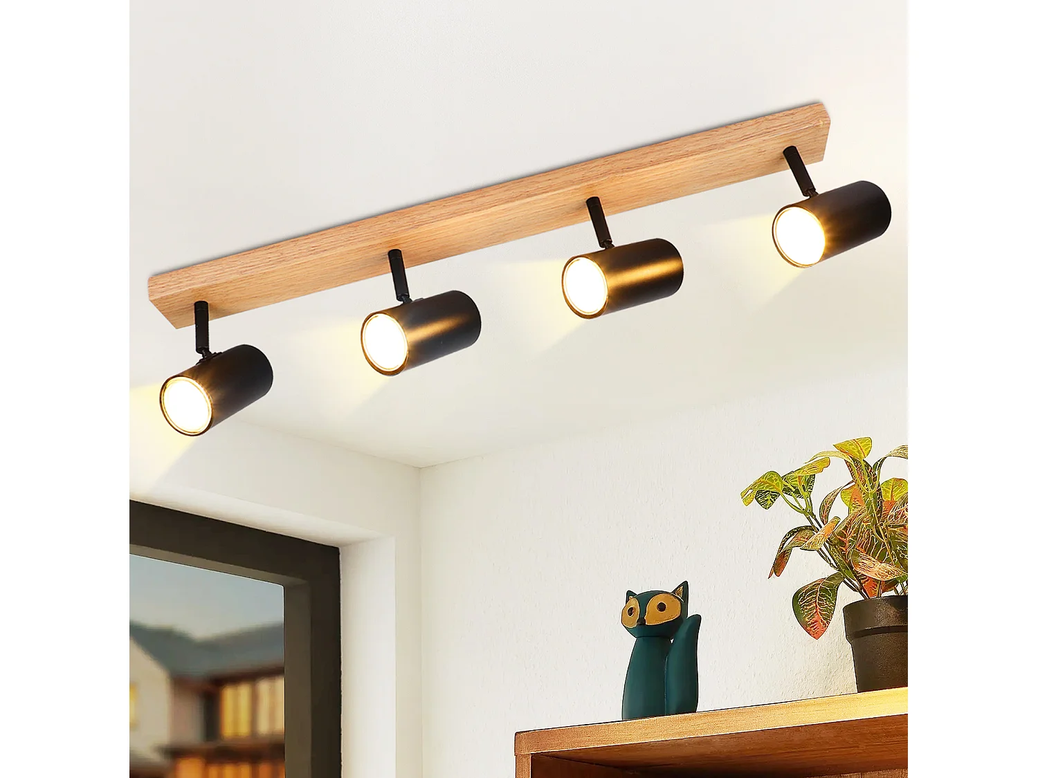 NETTLIFE Opbouwspot Hout rechthoekig 4-Lichts GU10 Fitting zwart  Plafondlamp 350° Draaibaar Plafondspot