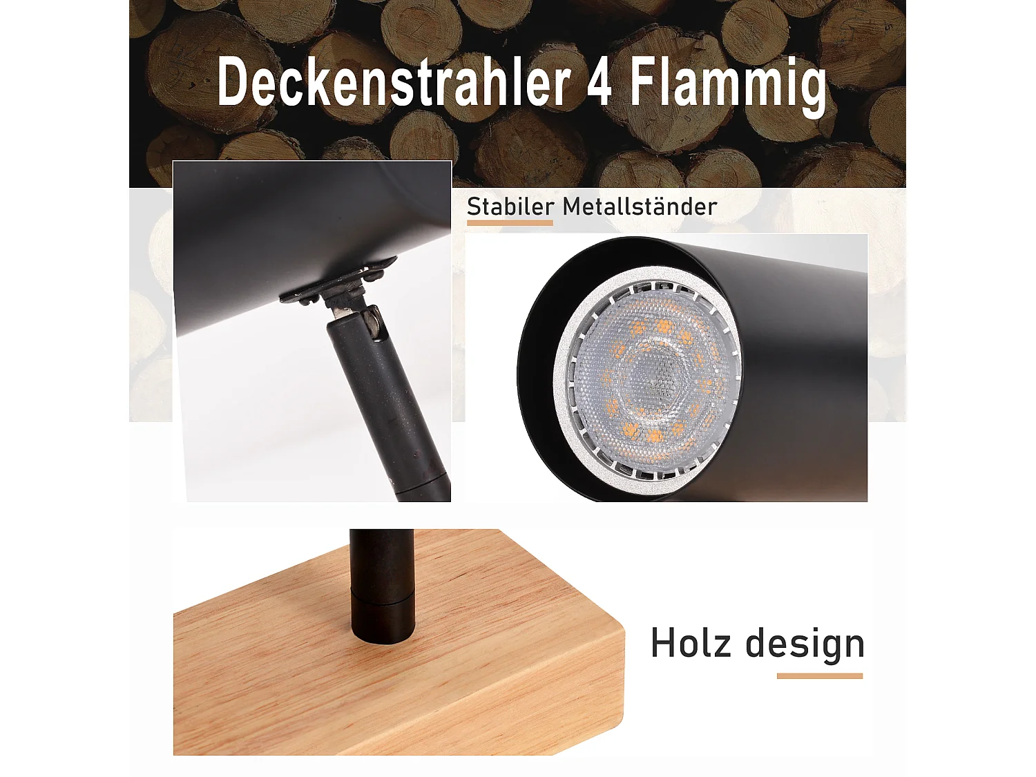 NETTLIFE Opbouwspot Hout rechthoekig 4-Lichts GU10 Fitting zwart  Plafondlamp 350° Draaibaar Plafondspot