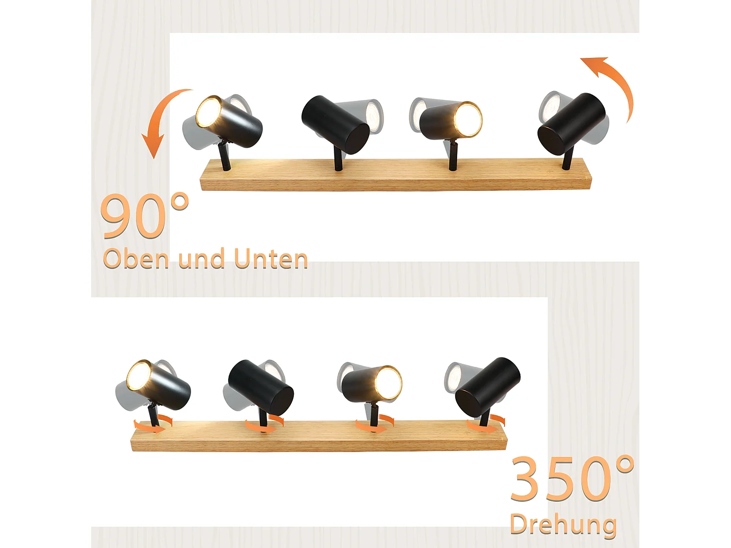 NETTLIFE Opbouwspot Hout rechthoekig 4-Lichts GU10 Fitting zwart  Plafondlamp 350° Draaibaar Plafondspot