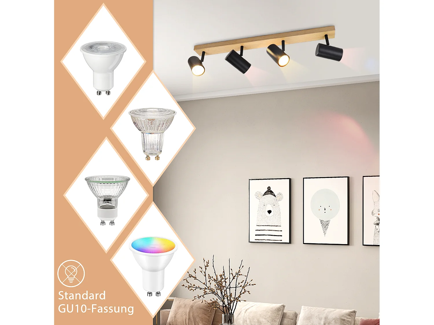 NETTLIFE Opbouwspot Hout rechthoekig 4-Lichts GU10 Fitting zwart  Plafondlamp 350° Draaibaar Plafondspot