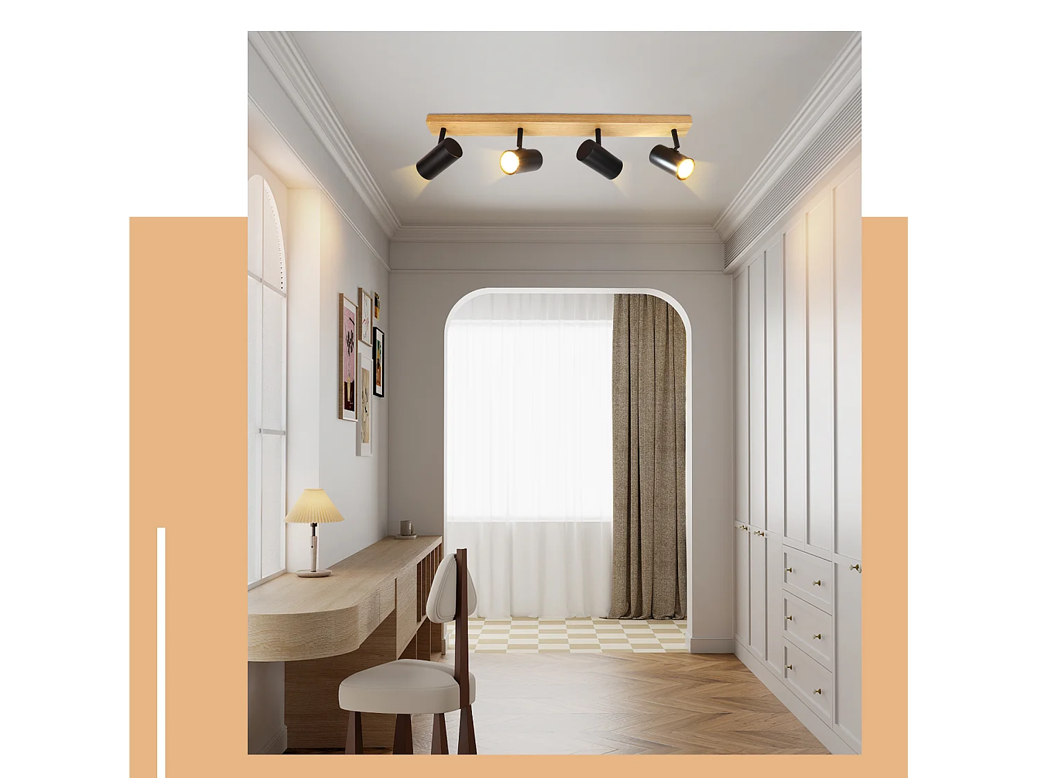 NETTLIFE Opbouwspot Hout rechthoekig 4-Lichts GU10 Fitting zwart  Plafondlamp 350° Draaibaar Plafondspot