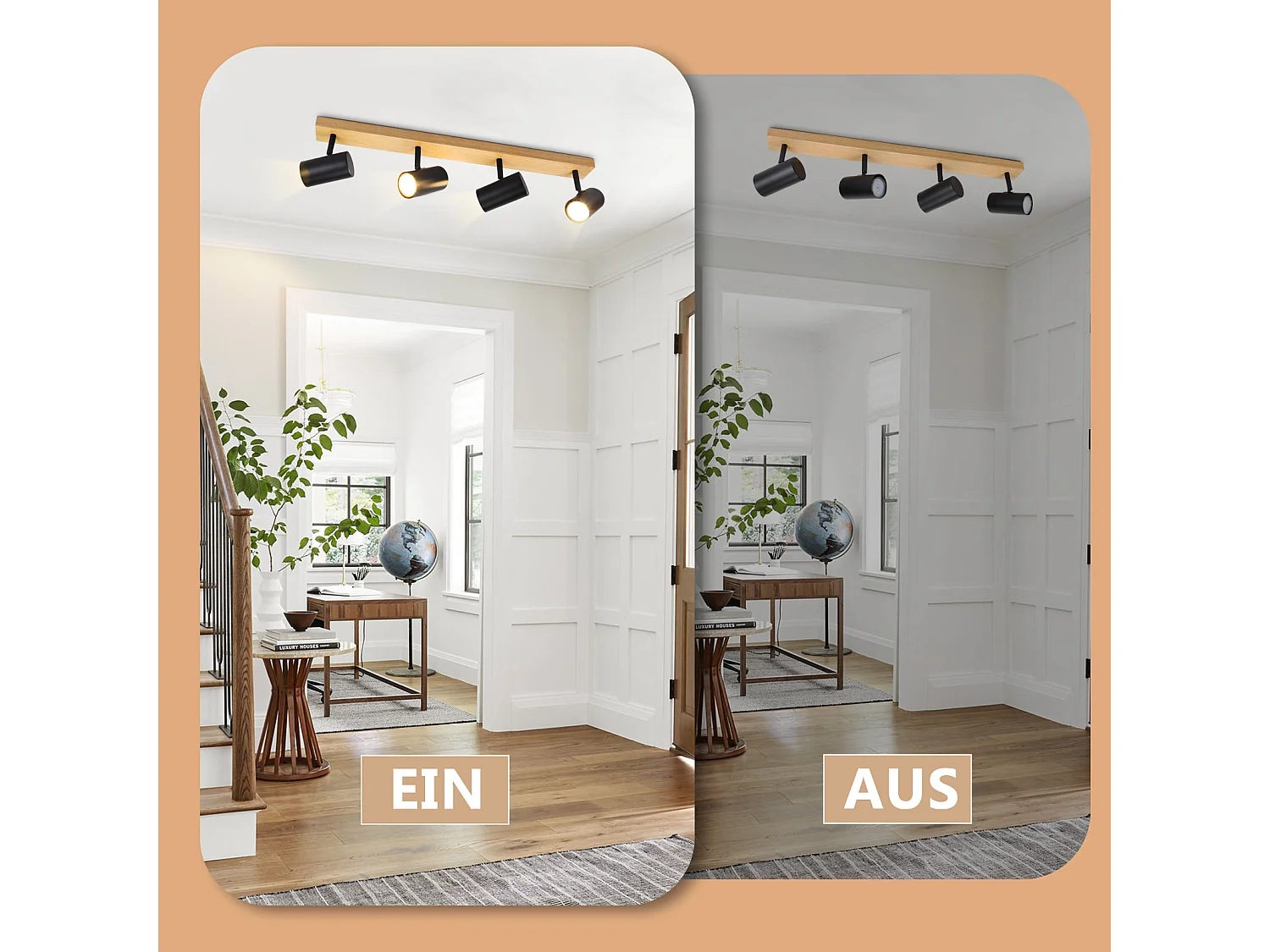 NETTLIFE Opbouwspot Hout rechthoekig 4-Lichts GU10 Fitting zwart  Plafondlamp 350° Draaibaar Plafondspot