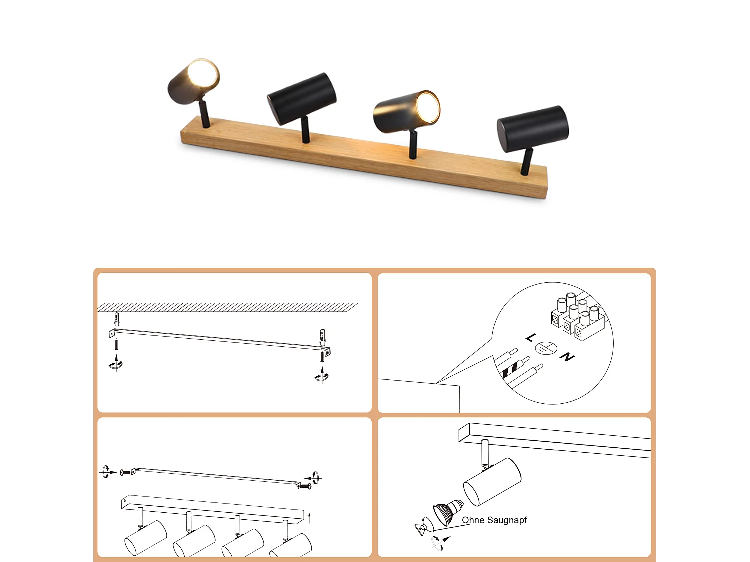 NETTLIFE Opbouwspot Hout rechthoekig 4-Lichts GU10 Fitting zwart  Plafondlamp 350° Draaibaar Plafondspot