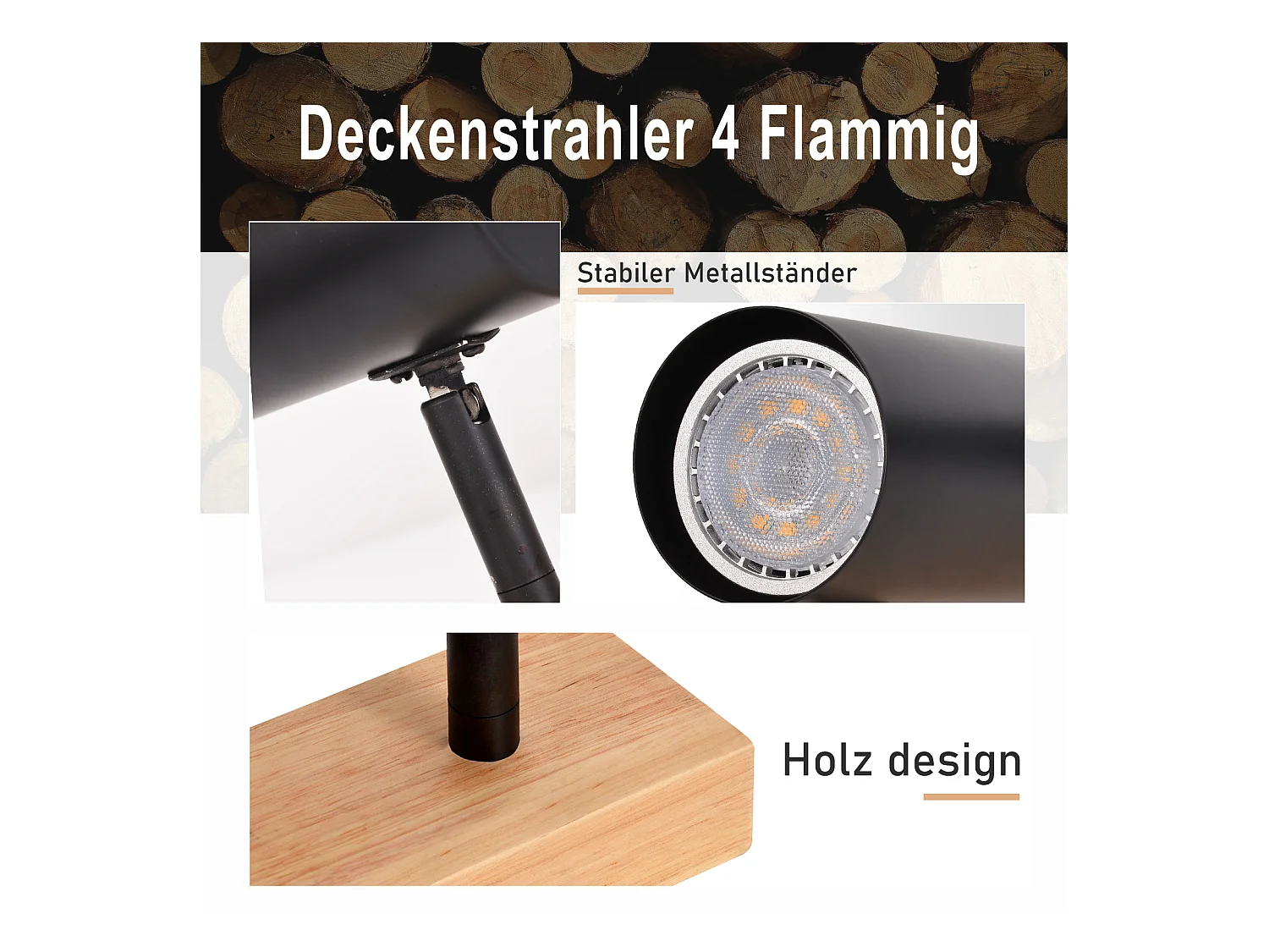 NETTLIFE Spot de plafond 4 flammes plafonnier en bois noirs GU10 orientable 350° vintage