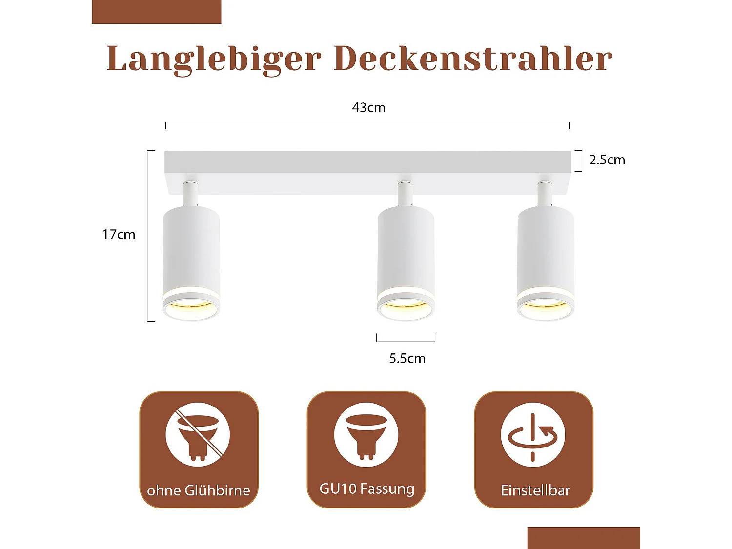 NETTLIFE Plafonnier Blanc moderne : 3 spots de plafond orientables en métal, plafonnier GU10, pour chambre, salle à manger, sans ampoule