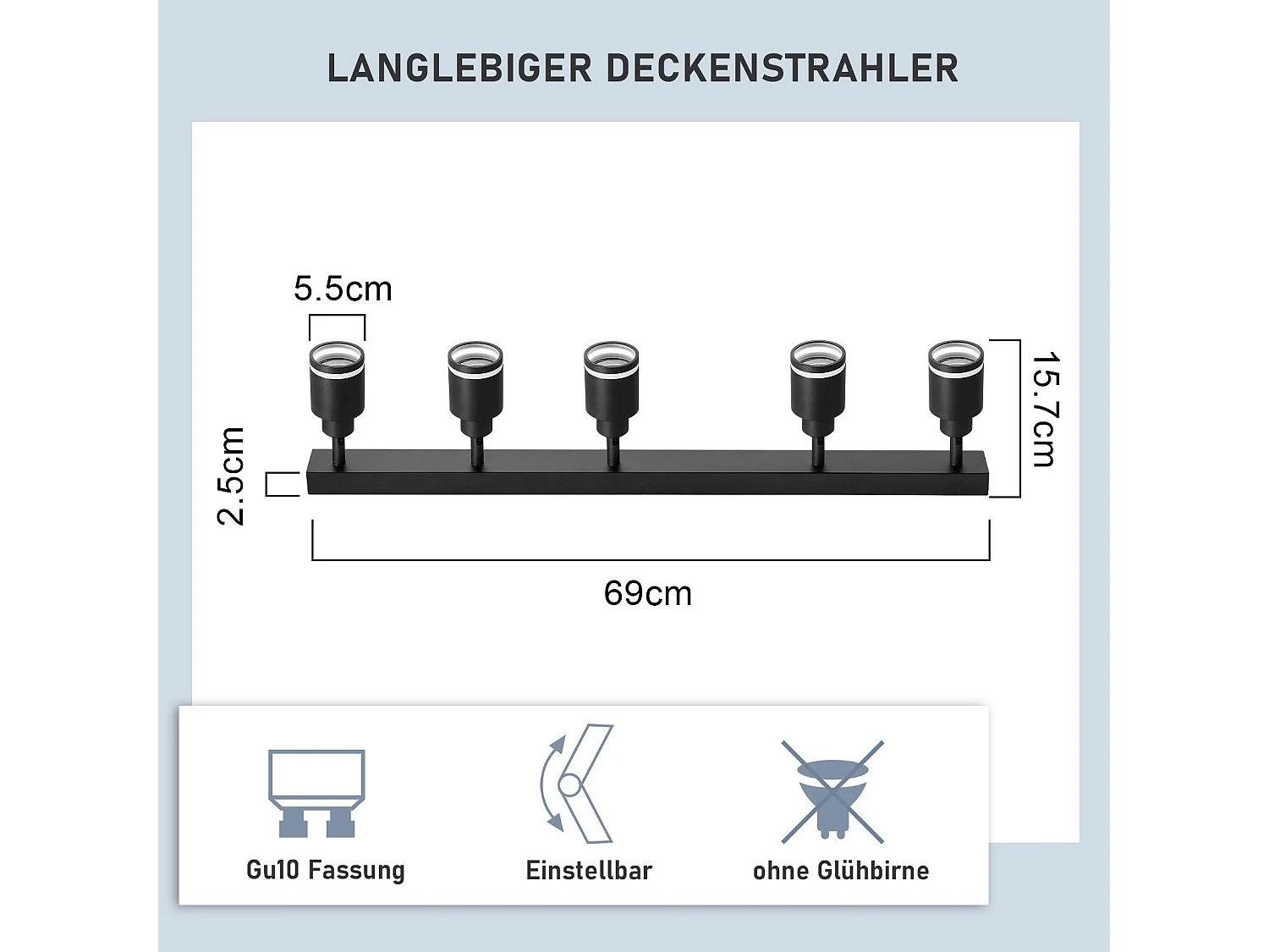 NETTLIFE Opbouwspot GU10 Fitting 5-Lichts rechthoekig Zwart Moderne Plafondlamp L 69cm  355° kantelbaar Plafondspot voor Woonkamer Slaafkamer Gang Zonder Lichtborn