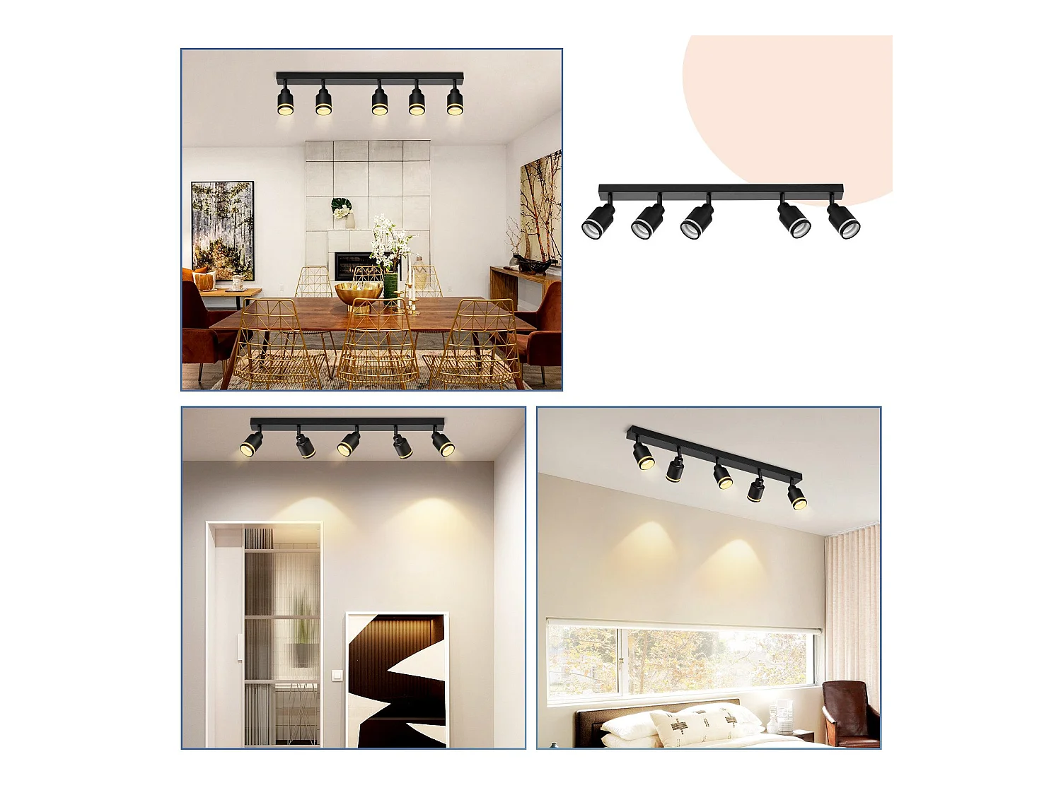 NETTLIFE Plafonnier noir moderne : 5 spots de plafond orientables en métal, plafonnier GU10, pour chambre, salle à manger, sans ampoule
