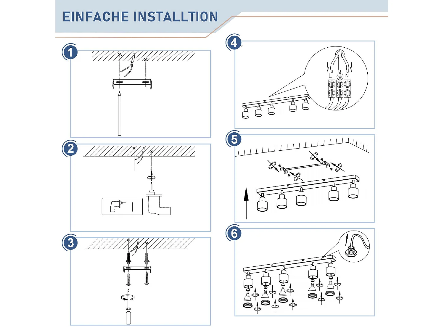 Moderne schwarze Deckenleuchte: 5 verstellbare Deckenstrahler aus Metall, Gu10-Deckenleuchte