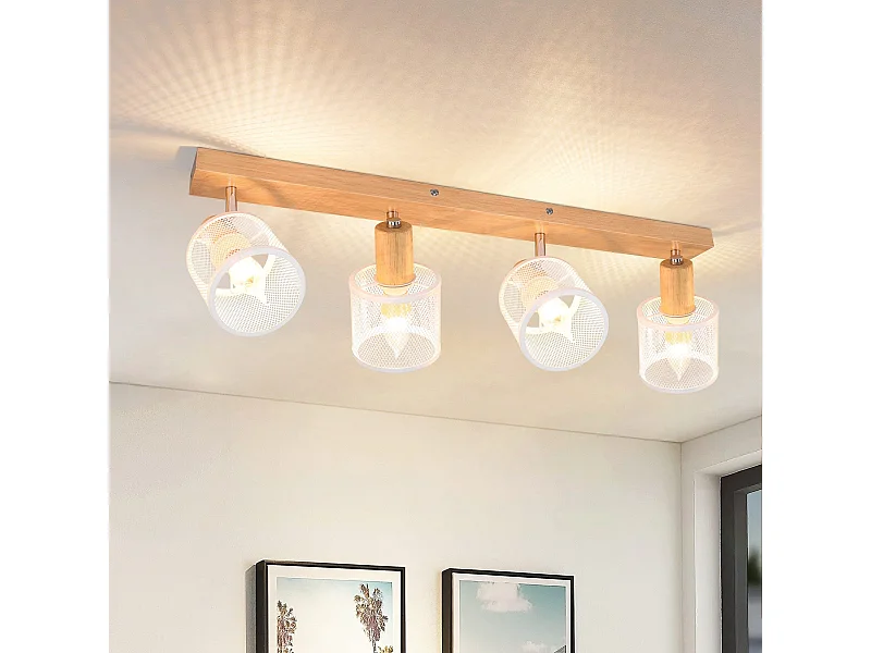 NETTLIFE Lampa sufitowa z 4 białymi reflektorkami, imitacja drewna - E14, lampa sufitowa regulowana o 350°, 4 żarówki o maksymalnej mocy 25 W