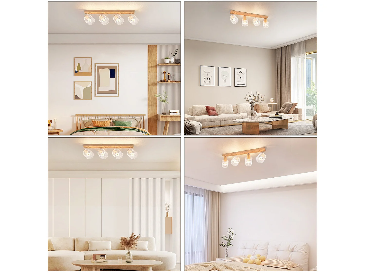 NETTLIFE Plafóndaro de 4 focos, blanco con aspecto de madera - plafóndaro E14 giratorio 350°，máximo 4 bombillas de 25 w, moderno para salón, dormitorio y cocina.