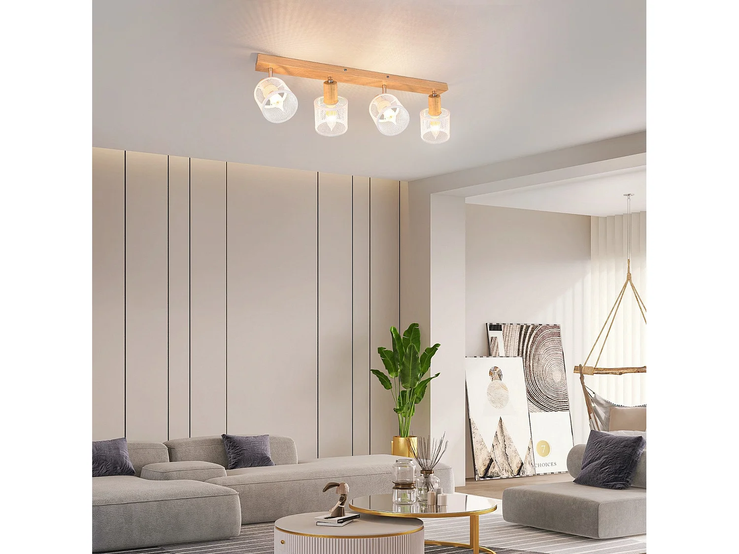 NETTLIFE Plafóndaro de 4 focos, blanco con aspecto de madera - plafóndaro E14 giratorio 350°，máximo 4 bombillas de 25 w, moderno para salón, dormitorio y cocina.