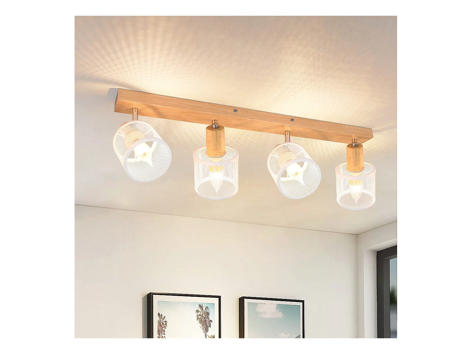 NETTLIFE Opbouwspot Hout wit cilinder 4-lichts E14 Fitting 350° draaibar Plafondspot Kooiontwerp  Max.25W Vintage Plafondlamp