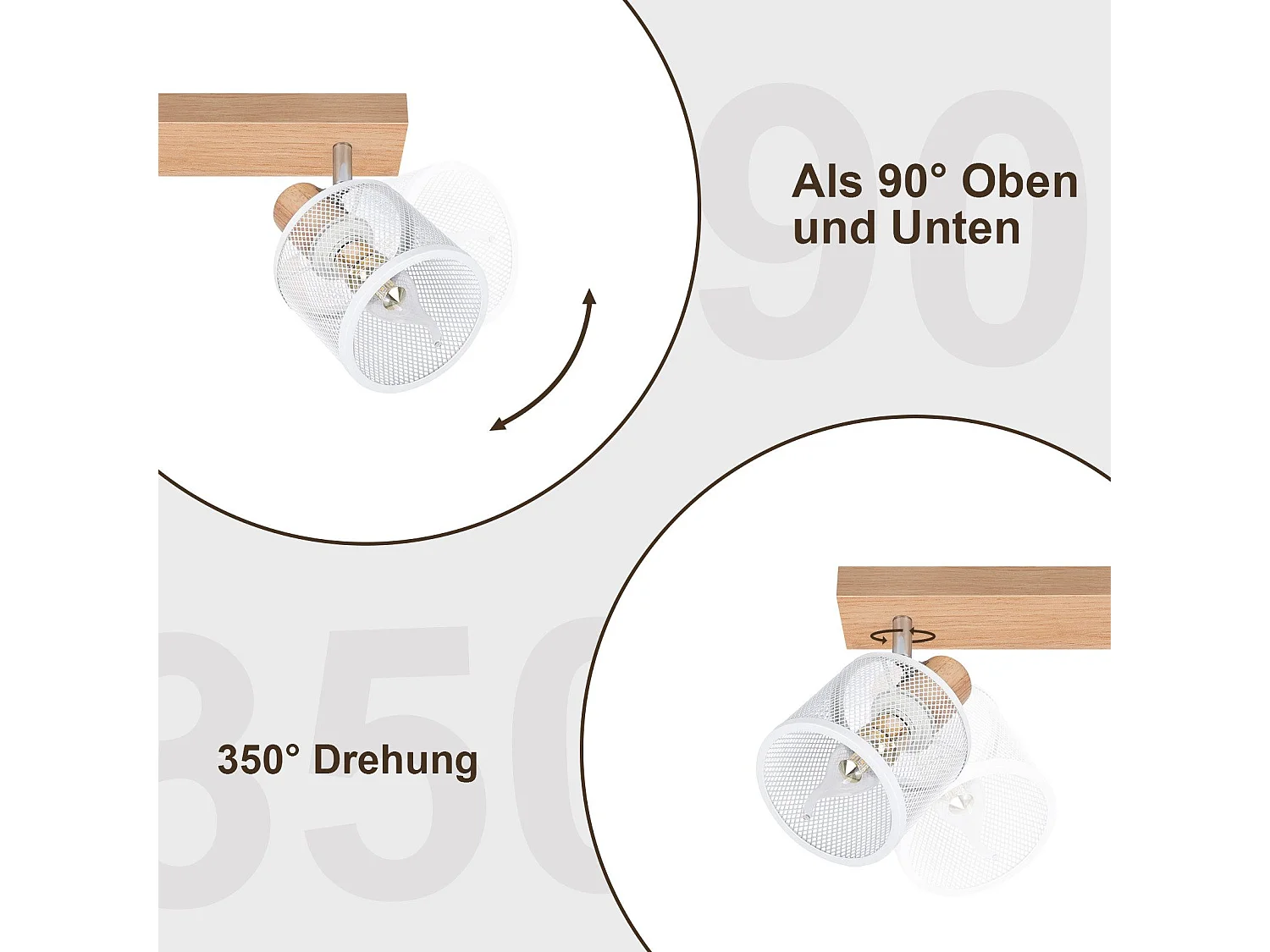 NETTLIFE Plafonnier 4 Spots blanc aspect  bois - plafonnier E14 orientable 350° 4 ampoules max 25w moderne pour salon chambre cuisine.