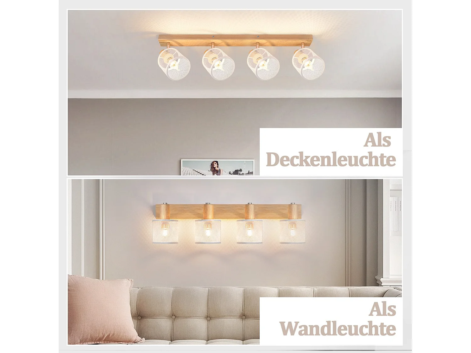 NETTLIFE Plafonnier 4 Spots blanc aspect  bois - plafonnier E14 orientable 350° 4 ampoules max 25w moderne pour salon chambre cuisine.