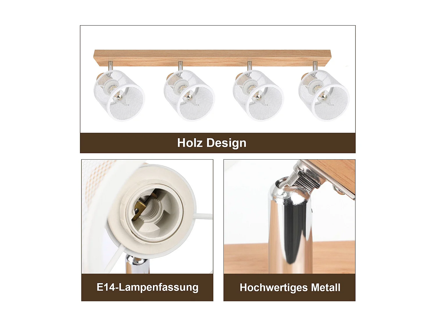NETTLIFE Plafonnier 4 Spots blanc aspect  bois - plafonnier E14 orientable 350° 4 ampoules max 25w moderne pour salon chambre cuisine.