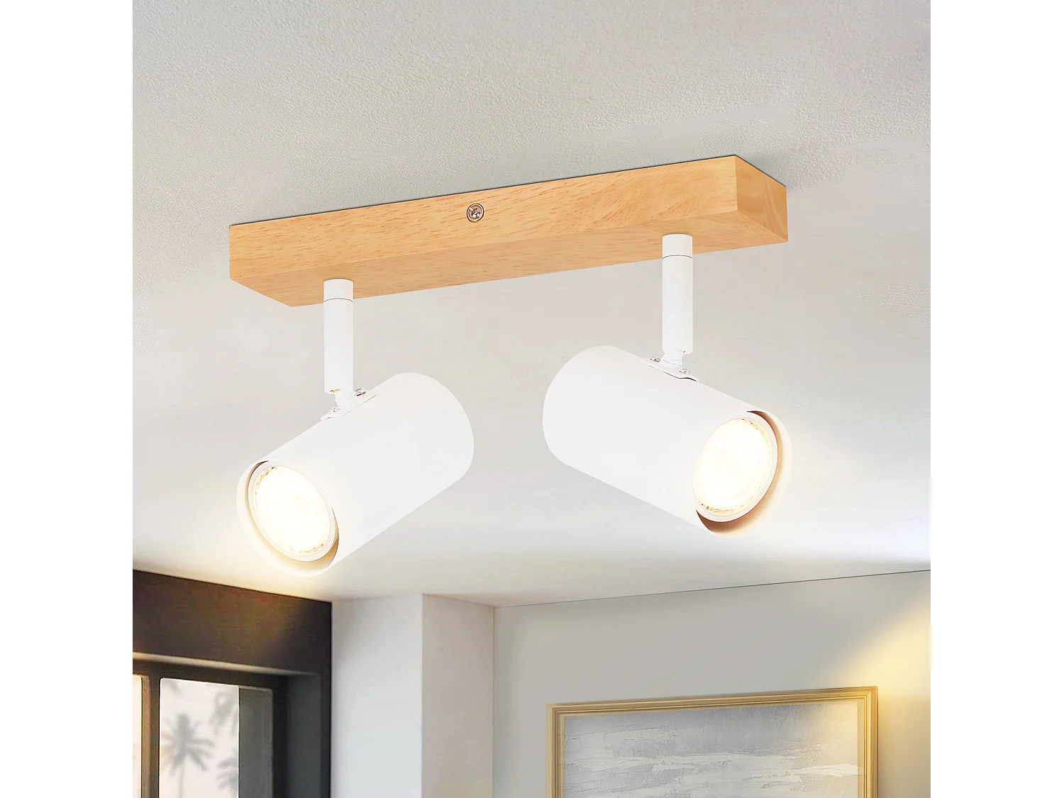 NETTLIFE Luz de techo con 2 bombillas de madera GU10, blanca, lámpara de pasillo interior moderna, con un ángulo de 350° para salón y dormitorio.