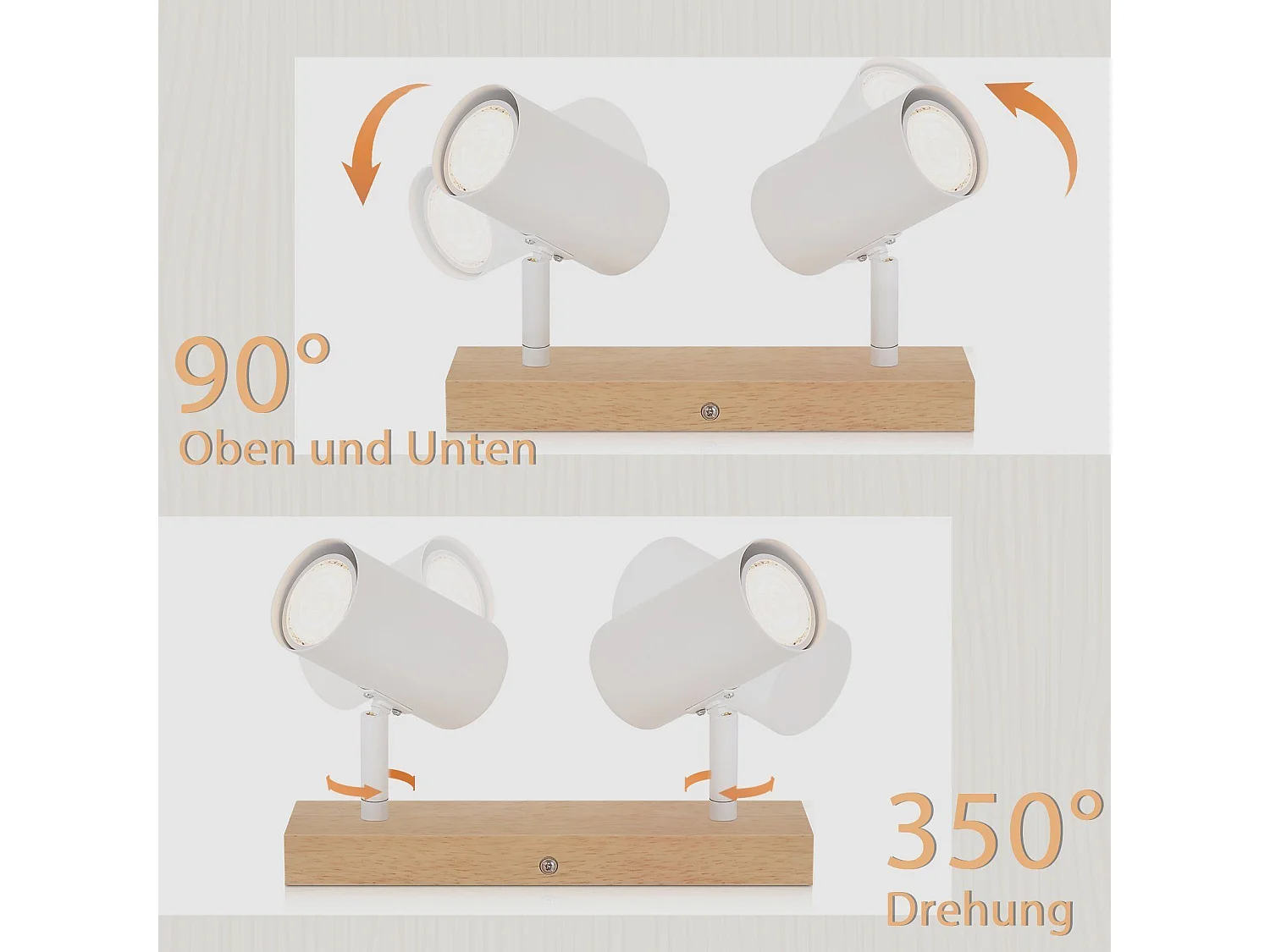 NETTLIFE Luz de techo con 2 bombillas de madera GU10, blanca, lámpara de pasillo interior moderna, con un ángulo de 350° para salón y dormitorio.