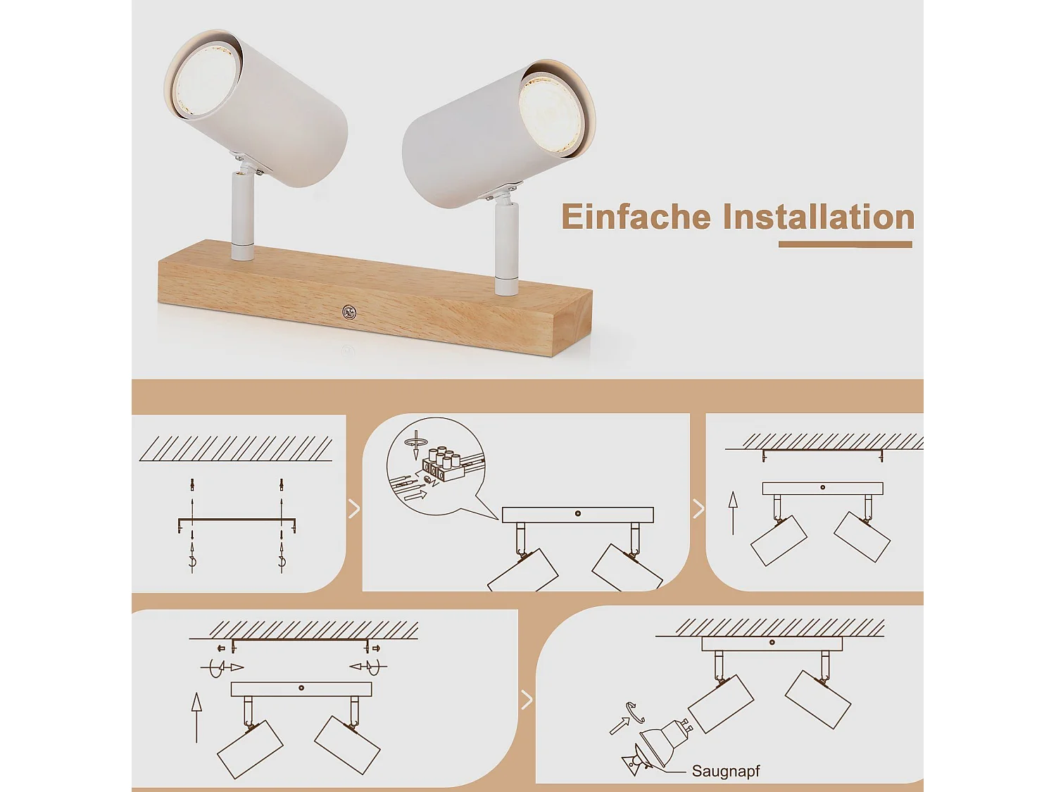 NETTLIFE Luz de techo con 2 bombillas de madera GU10, blanca, lámpara de pasillo interior moderna, con un ángulo de 350° para salón y dormitorio.
