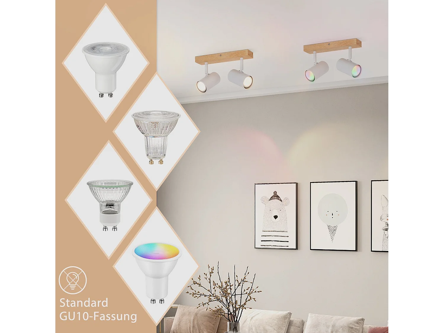 NETTLIFE spot de plafond 2 ampoules bois GU10 blanc lampe de couloir intérieur moderne spot 350° pour salon chambre