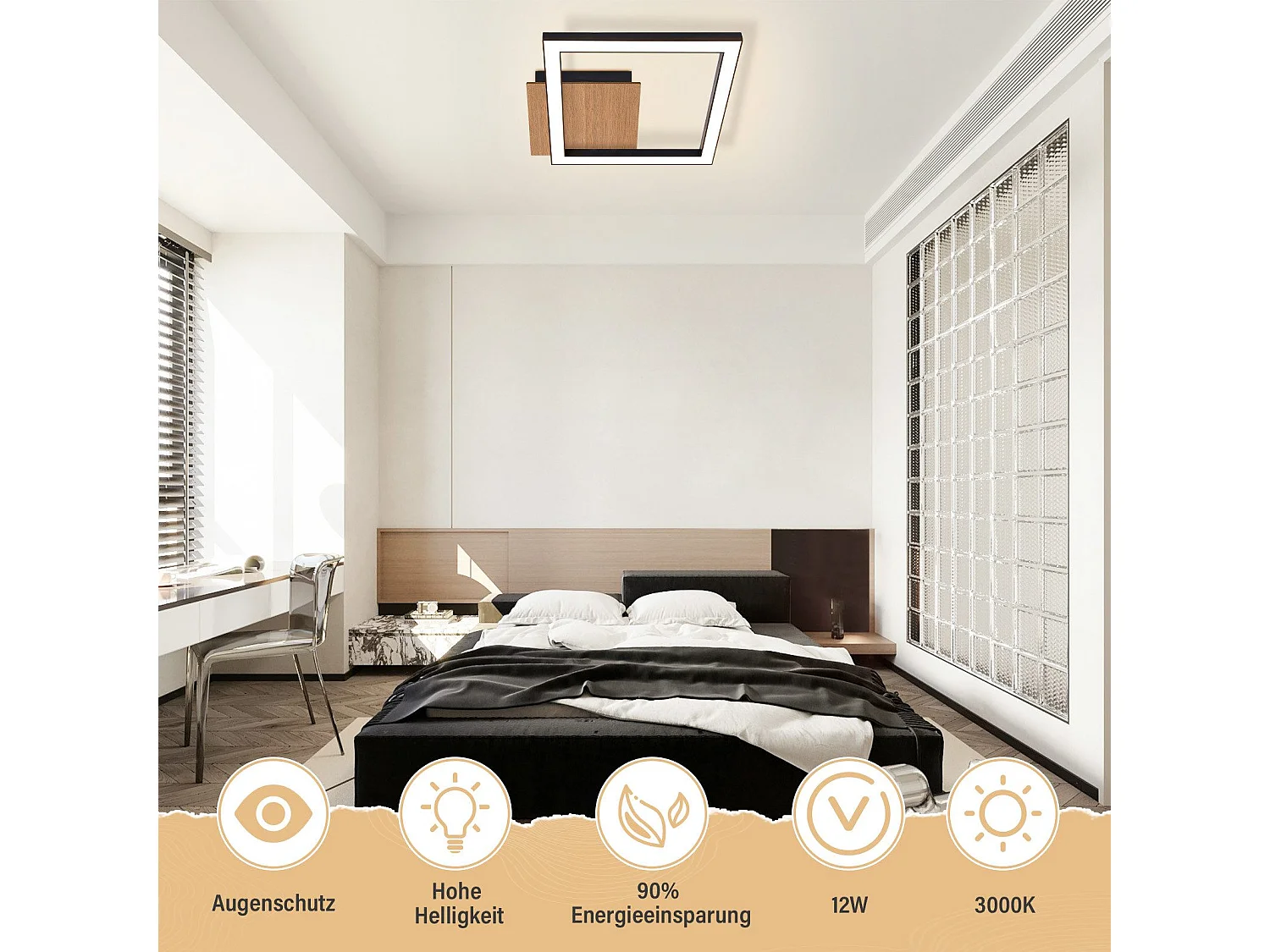 NETTLIFE Lampa sufitowa LED 3000K ciepła biel nowoczesna 12W małe drewno