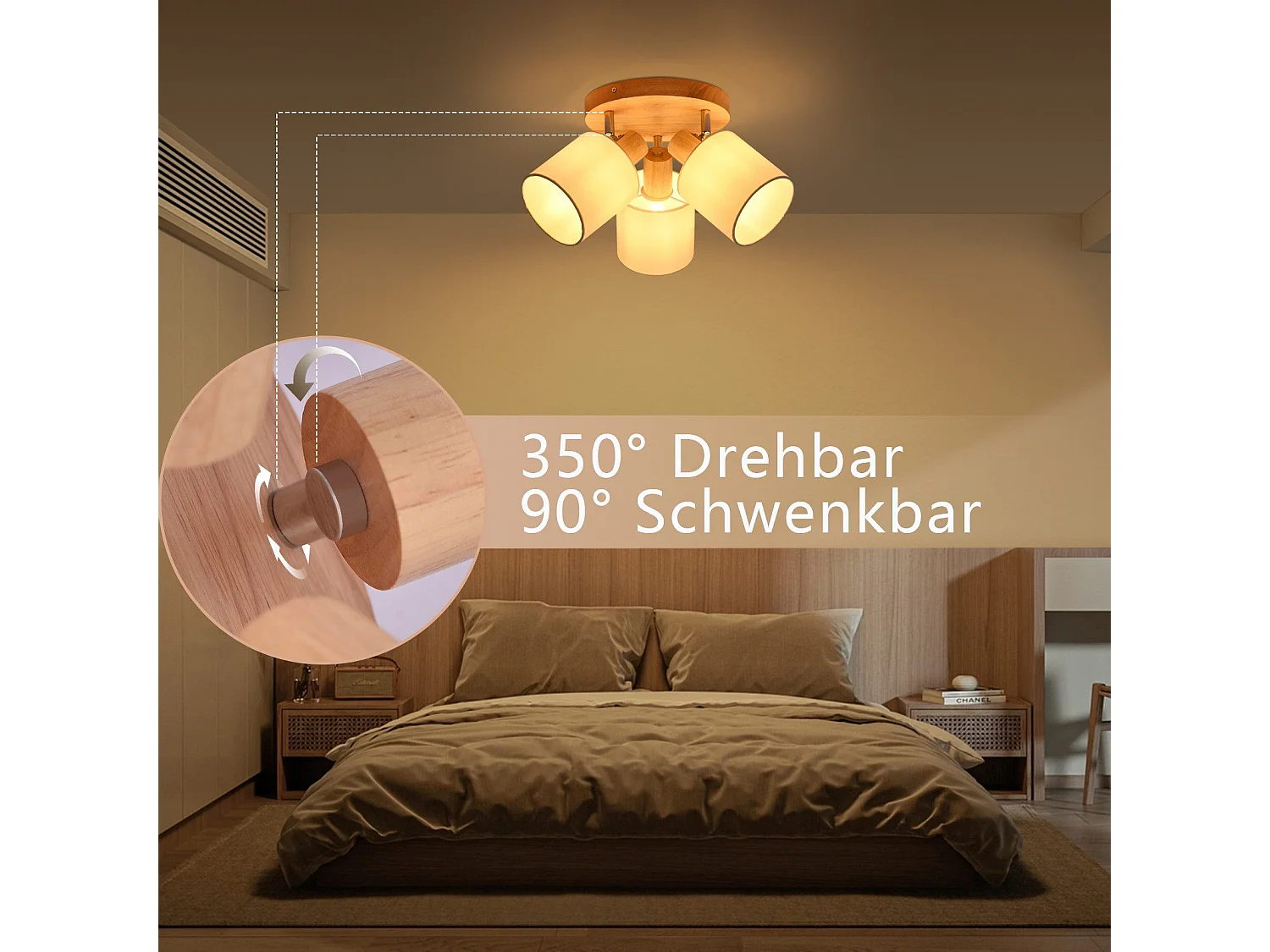 Deckenstrahler 3-flammig rund Holz Deckenleuchte LED E14 350° schwenkbar Spot