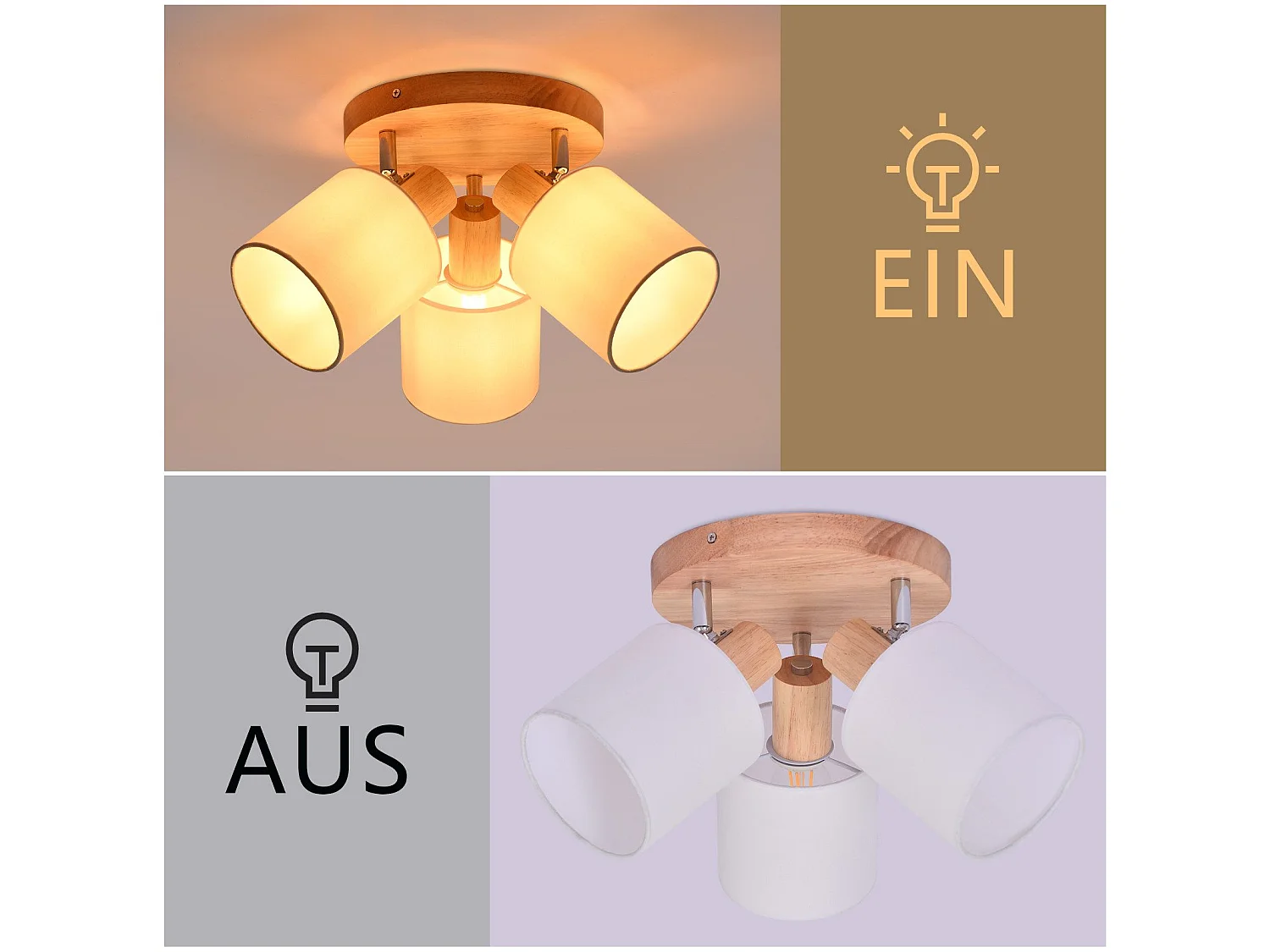 Deckenstrahler 3-flammig rund Holz Deckenleuchte LED E14 350° schwenkbar Spot