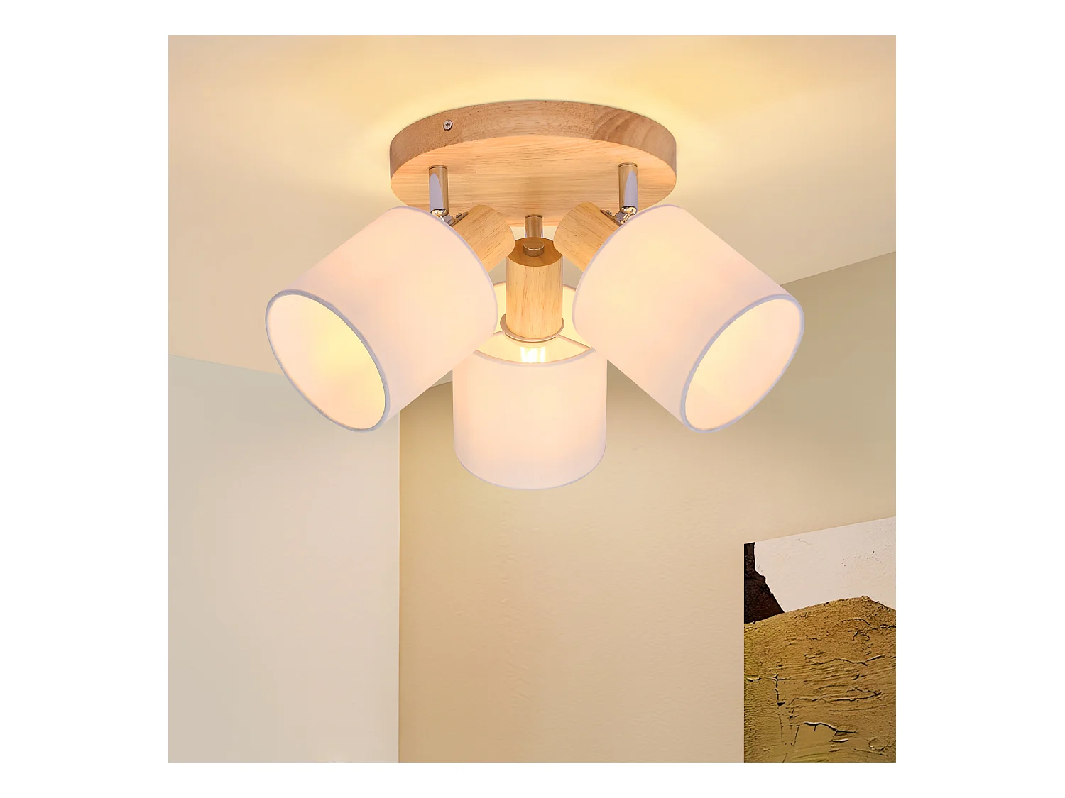 NETTLIFE Spot de plafond 3 Ampoules rond bois Plafonnier LED E14 spot inclinable 350°