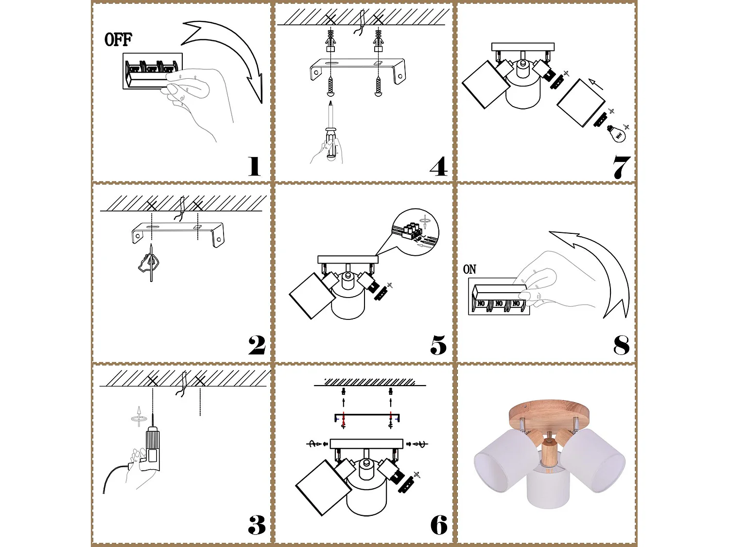 NETTLIFE Spot de plafond 3 Ampoules rond bois Plafonnier LED E14 spot inclinable 350°