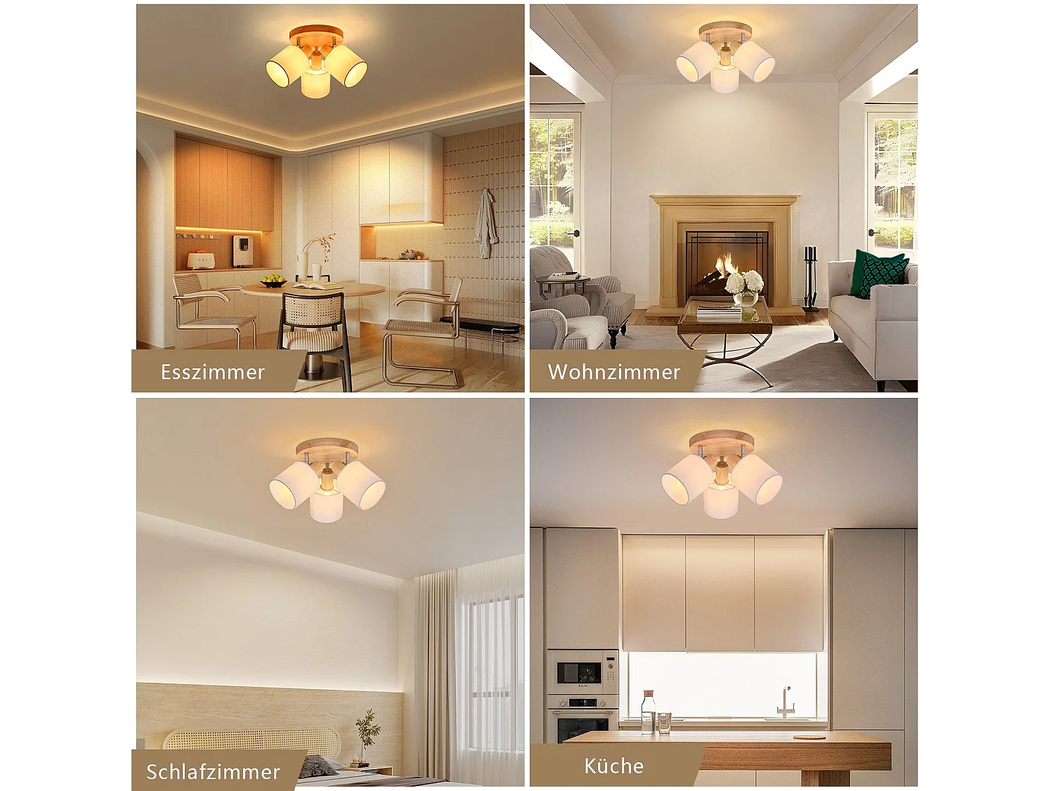 NETTLIFE Spot de plafond 3 Ampoules rond bois Plafonnier LED E14 spot inclinable 350°