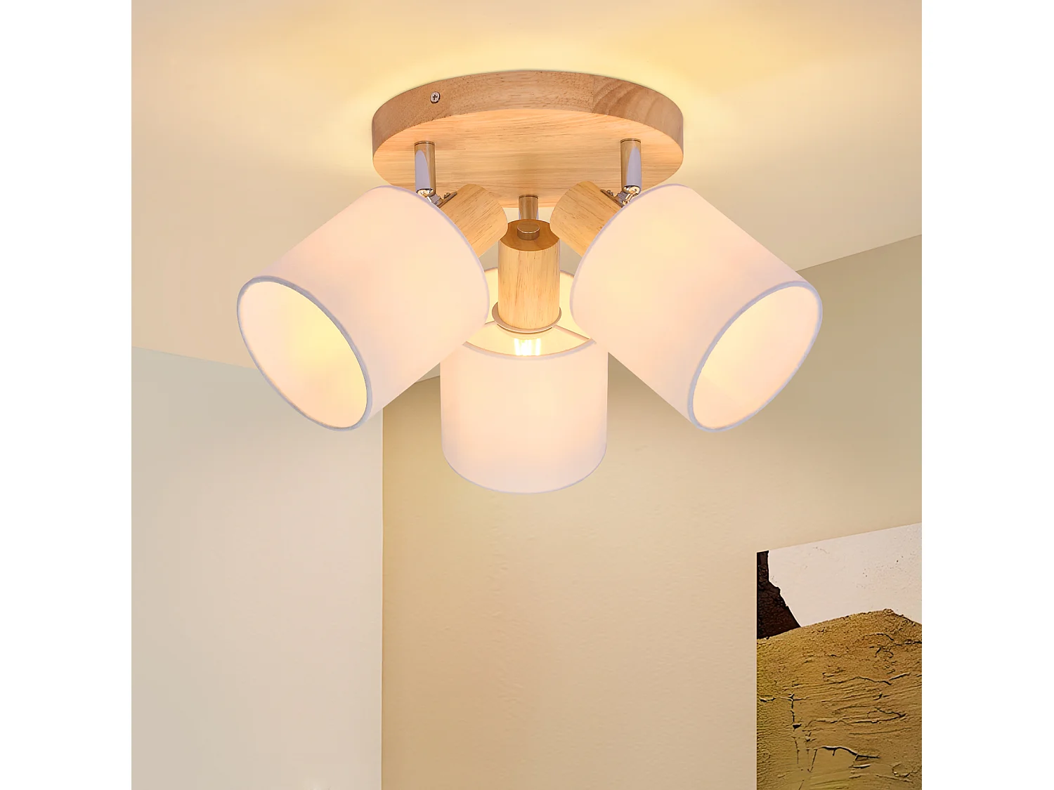 NETTLIFE Spot de plafond 3 Ampoules rond bois Plafonnier LED E14 spot inclinable 350°