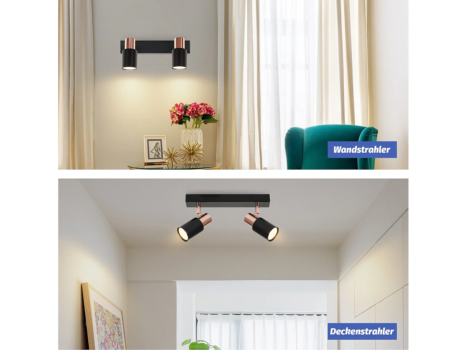 NETTLIFE Schwarz Deckenstrahler GU10-2 355° Drehbar Flamme Küchenlampe Modern Industrial