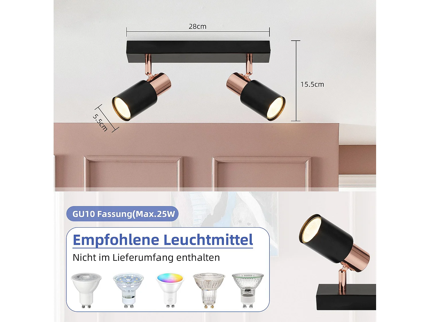 NETTLIFE Spot de plafond noirs GU10-2 lampe de cuisine à flamme rotatif à 355°moderne industriel