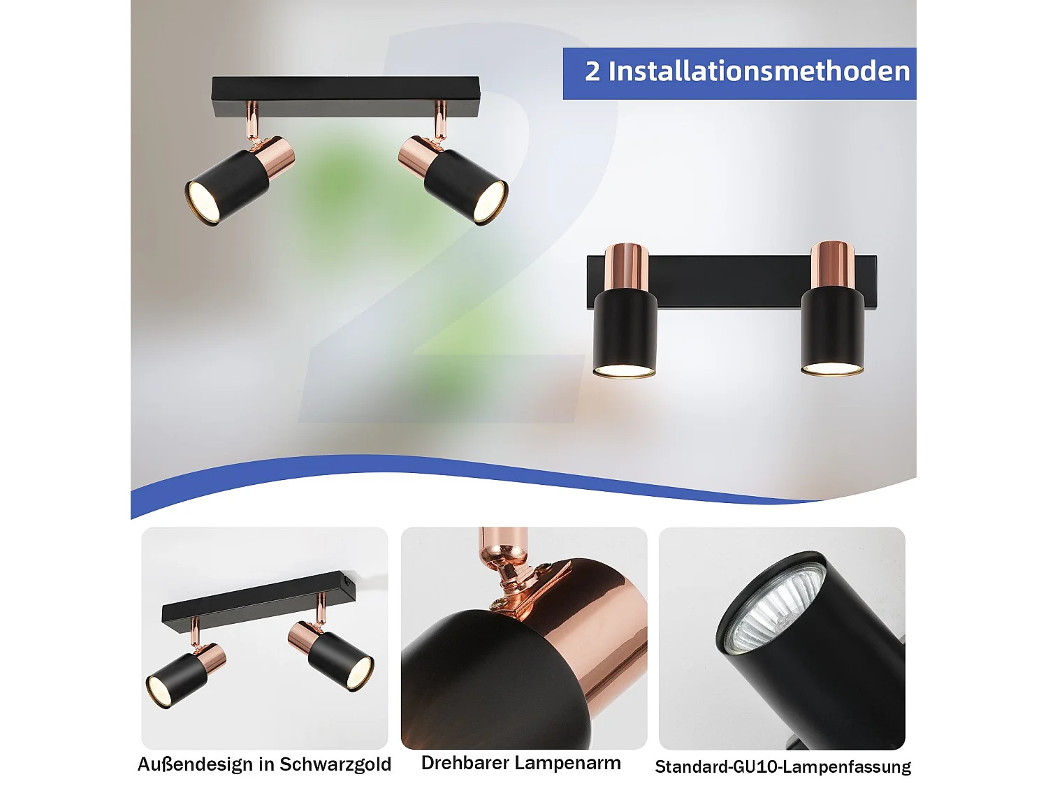 NETTLIFE Spot de plafond noirs GU10-2 lampe de cuisine à flamme rotatif à 355°moderne industriel