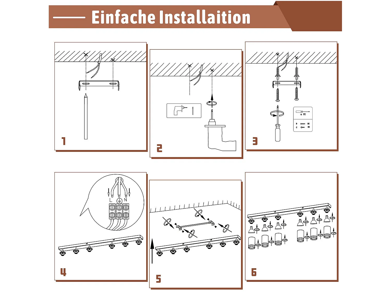 NETTLIFE Plafonnier 6 Spots moderne : plafonnier blanc spot GU10 spots orientables à 355°métal intérieur pour cuisine, salon, chambre, sans ampoule