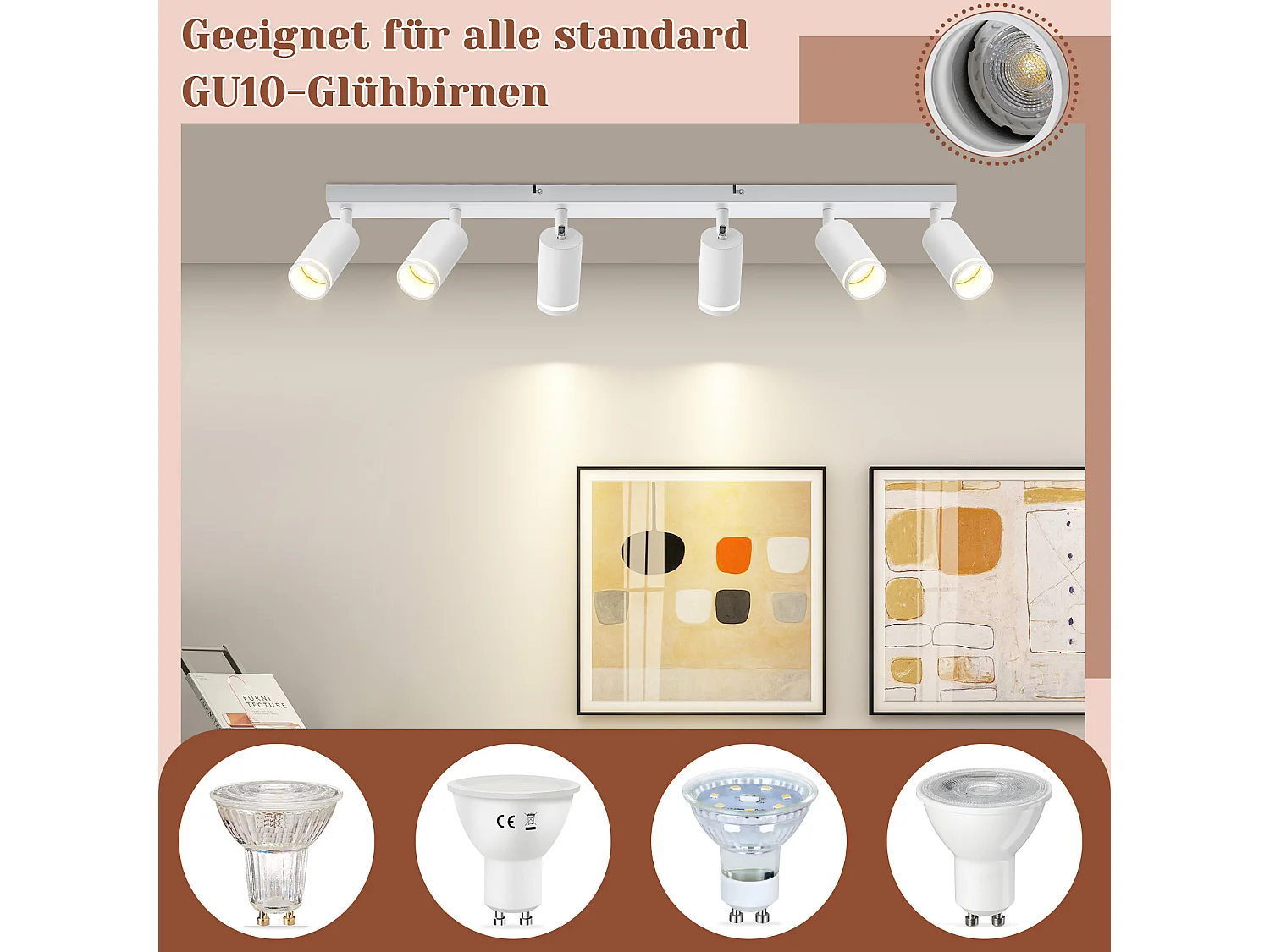 NETTLIFE Plafonnier 6 Spots moderne : plafonnier blanc spot GU10 spots orientables à 355°métal intérieur pour cuisine, salon, chambre, sans ampoule