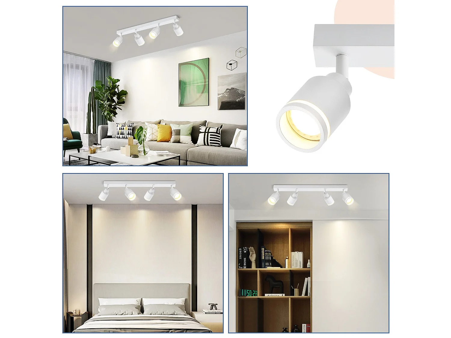 NETTLIFE Plafonnier Blanc moderne : 4 spots de plafond orientables en métal, plafonnier GU10, pour chambre, salle à manger, sans ampoule