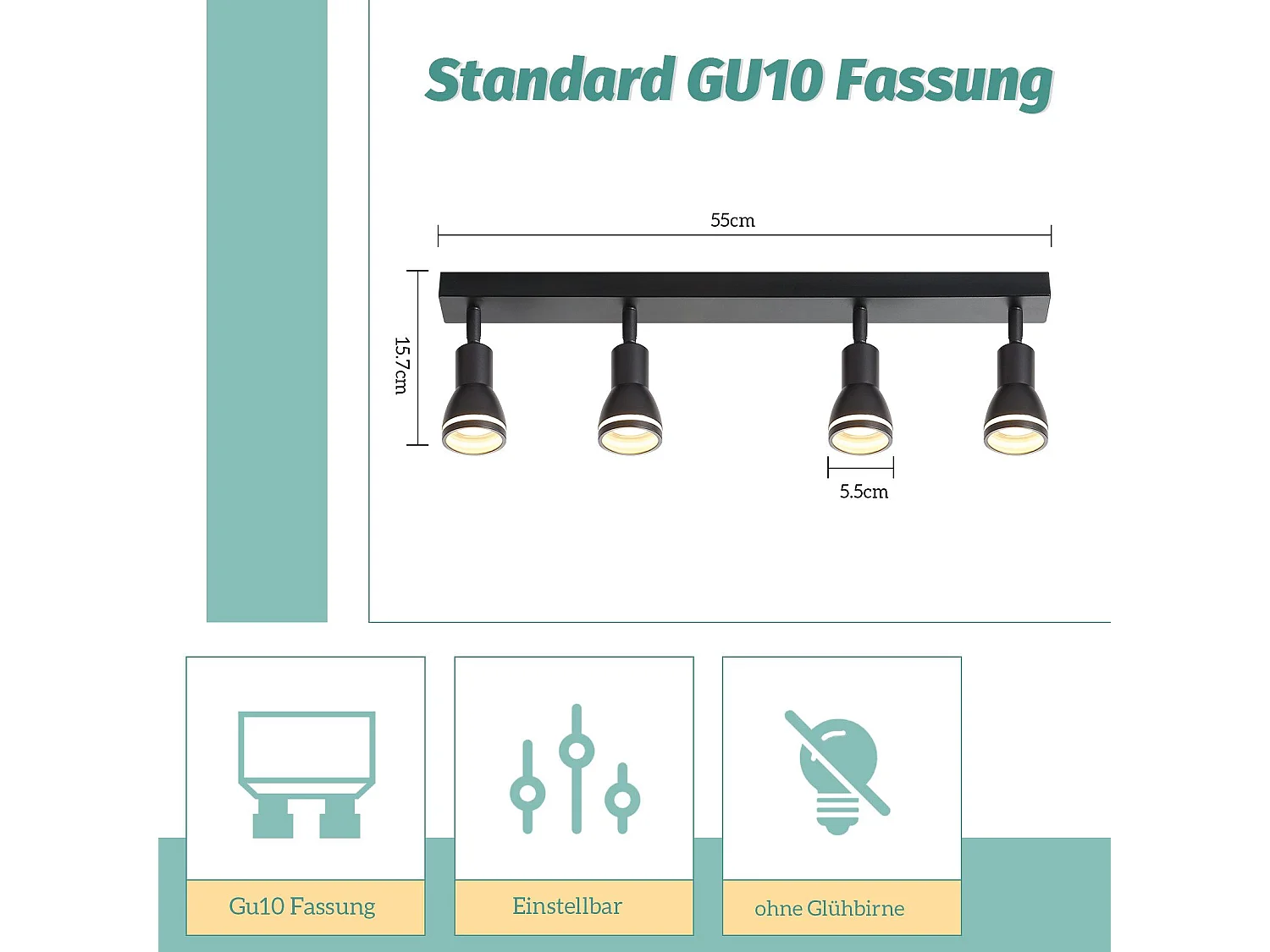 NETTLIFE Opbouwspot GU10 L 55cm zwart 4-Lichts rechthoekig  Plafondlamp 355° draaibaar Plafondspot creatief ontwerp Lampkap