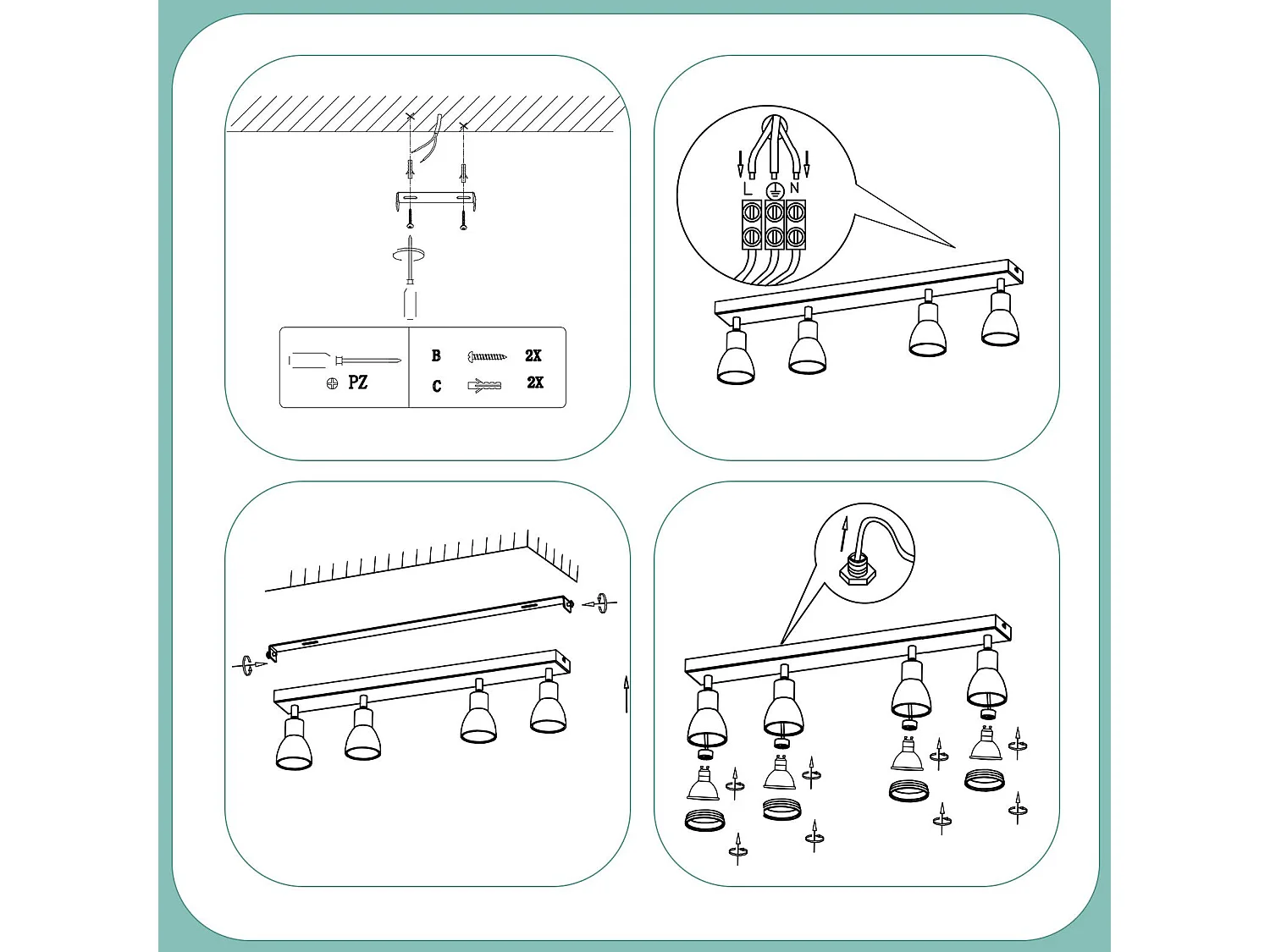 NETTLIFE Opbouwspot GU10 L 55cm zwart 4-Lichts rechthoekig  Plafondlamp 355° draaibaar Plafondspot creatief ontwerp Lampkap
