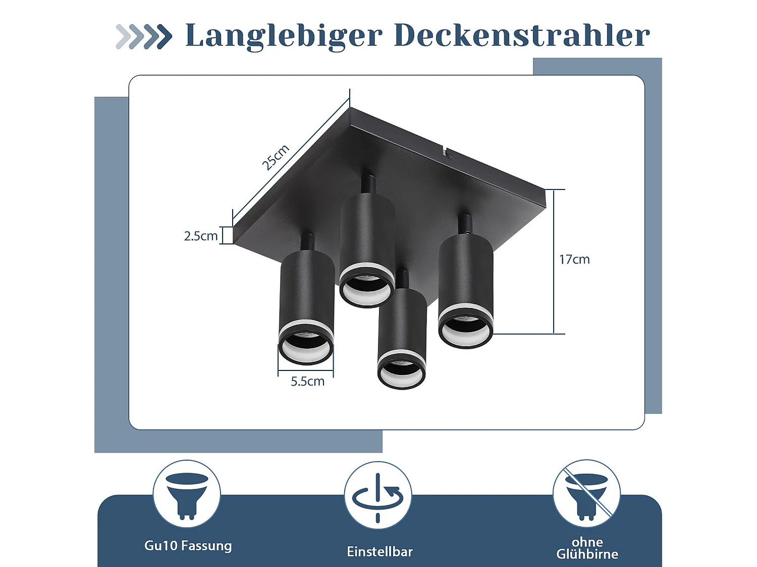 NETTLIFE Spot de plafond noir 4 ampoules moderne spot GU10 spots orientable intérieur métal