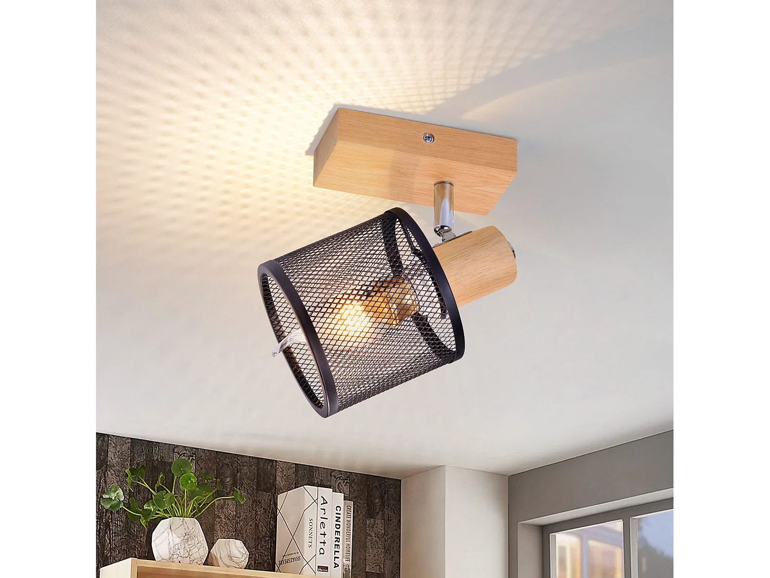 NETTLIFE Opbouwspot Hout zwart cilinder 1-lichts E14 Fitting 350° draaibar Plafondspot Kooiontwerp  Max.40W Vintage Plafondlamp