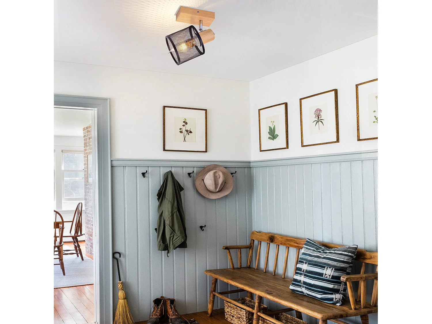 NETTLIFE Opbouwspot Hout zwart cilinder 1-lichts E14 Fitting 350° draaibar Plafondspot Kooiontwerp  Max.40W Vintage Plafondlamp