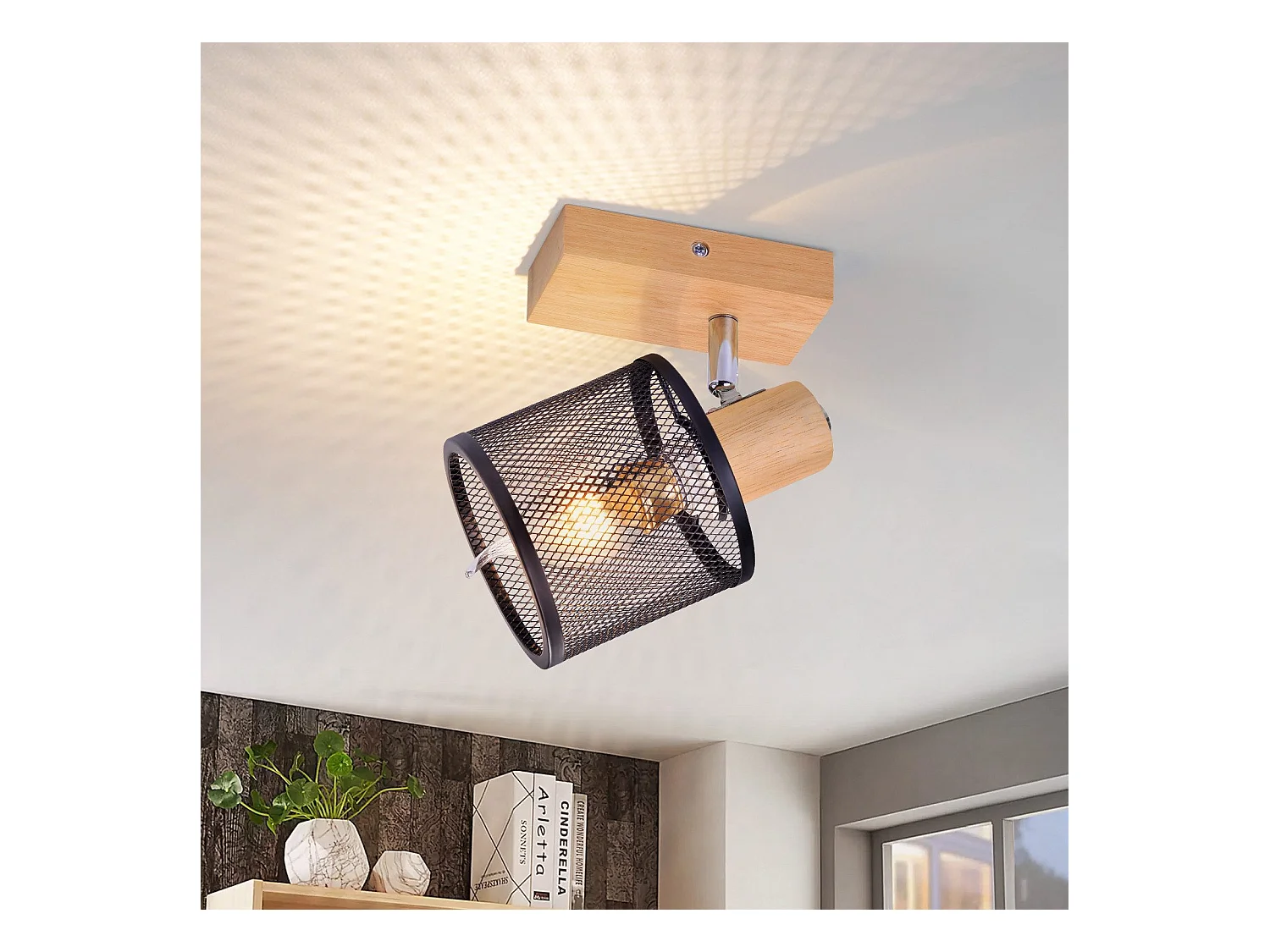 NETTLIFE Opbouwspot Hout zwart cilinder 1-lichts E14 Fitting 350° draaibar Plafondspot Kooiontwerp  Max.40W Vintage Plafondlamp