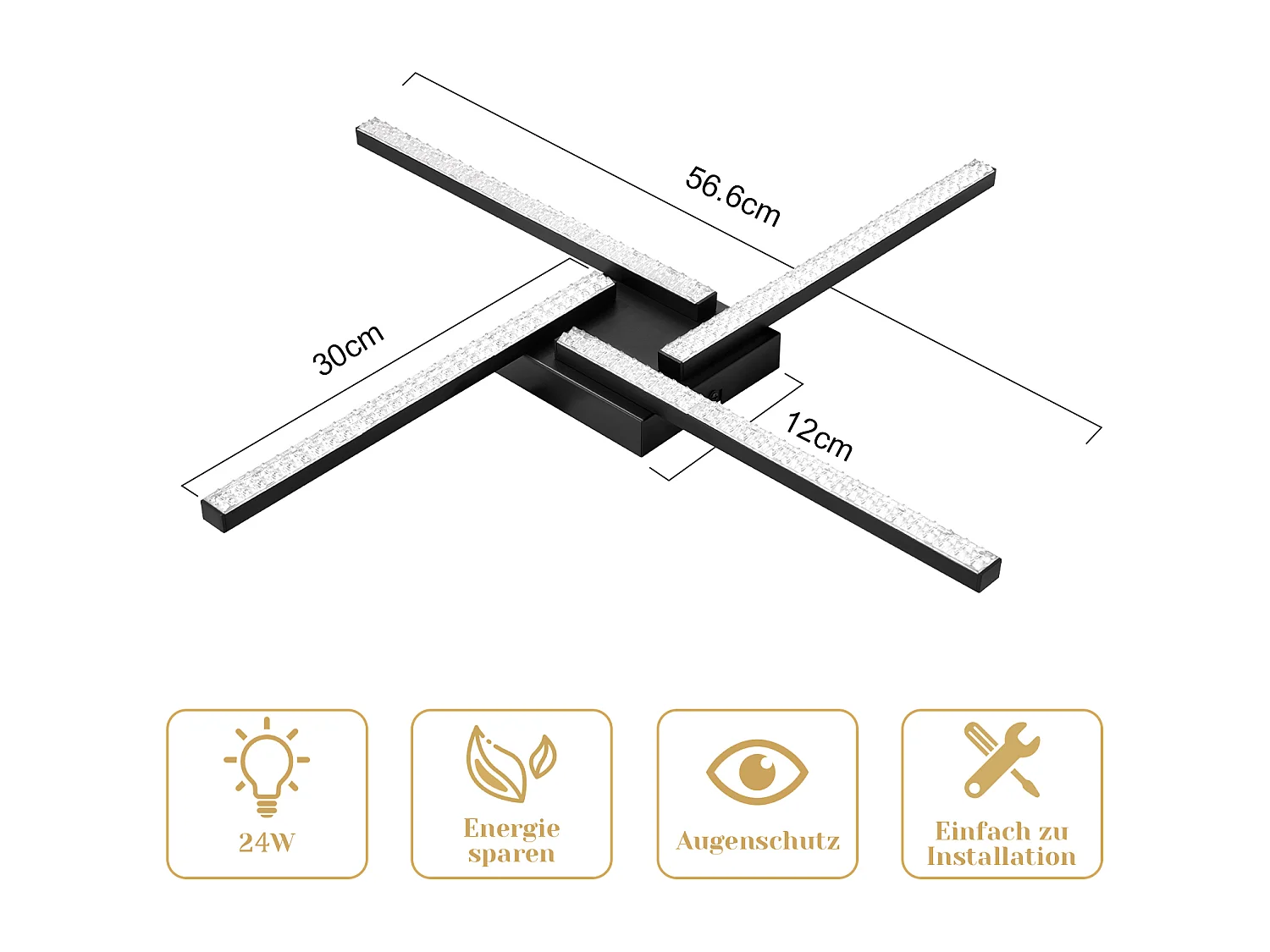 NETTLIFE Plafonnier LED Salon Noir Plafonnier 20W Moderne Cristal Métal 3000K